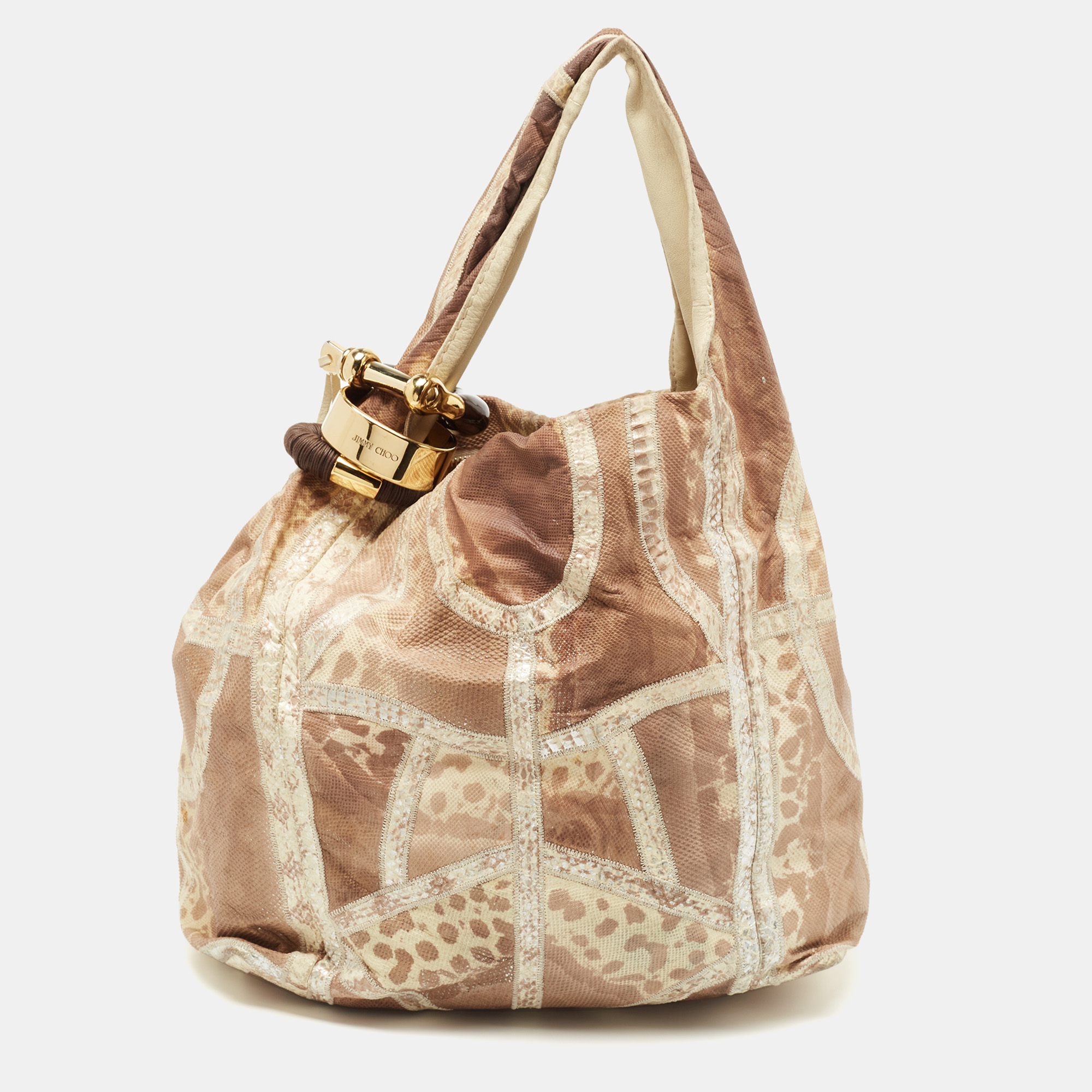 Pre-owned Jimmy Choo Brown Karung And Snakeskin Leather Large Saba Hobo
