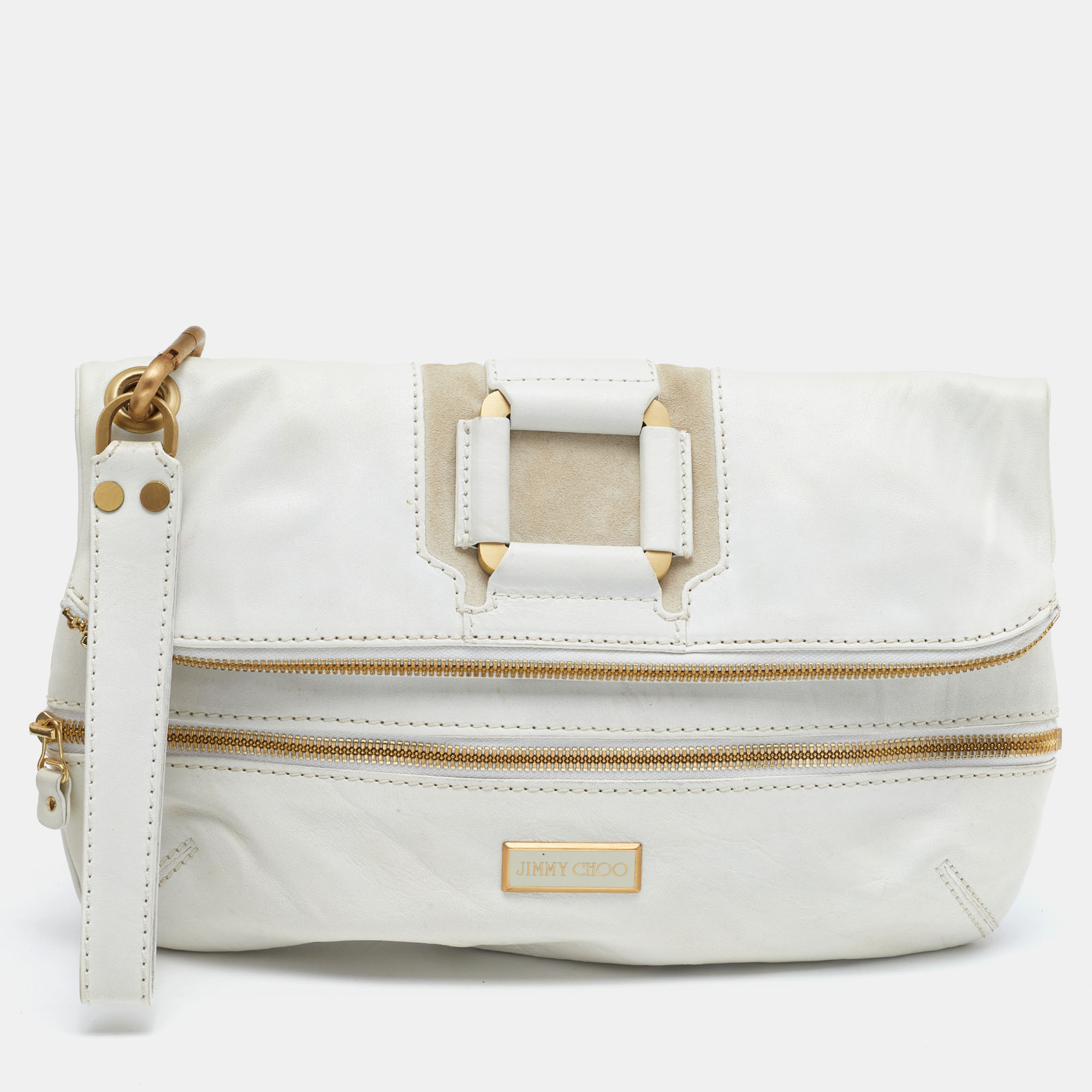 

Jimmy Choo White Leather and Suede Large Mave Foldover Clutch