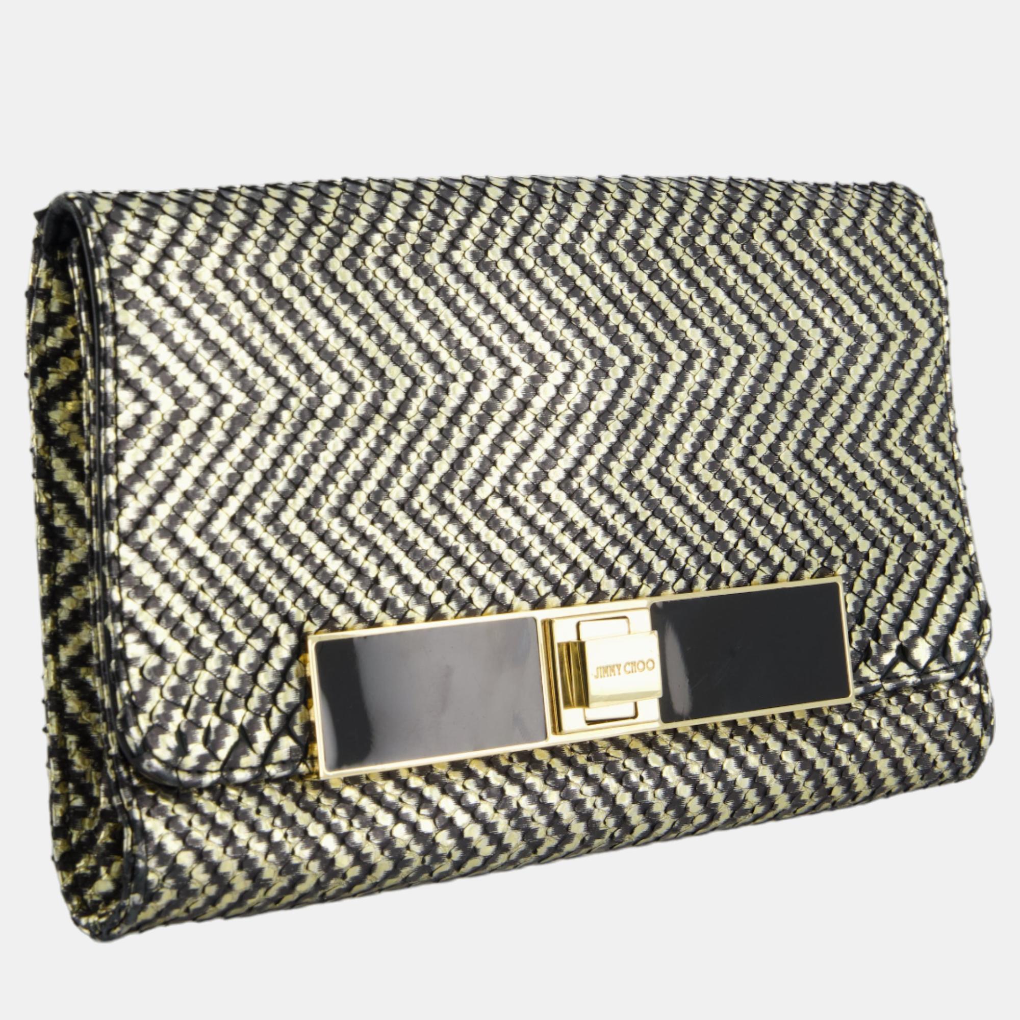 

Jimmy Choo Black and Gold Python Embossed Zig Zag Clutch Bag with Gold Chain Strap