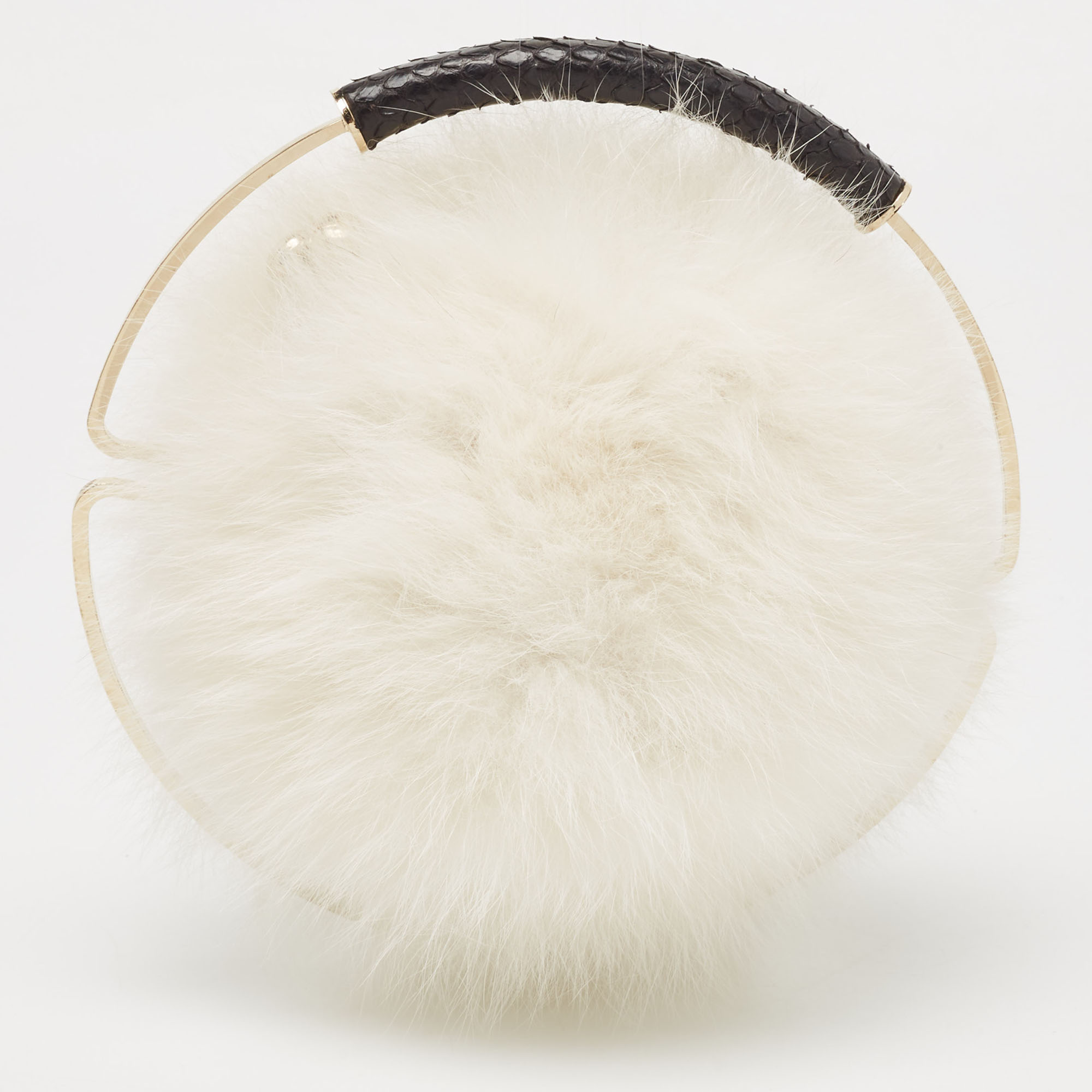 Pre-owned Jimmy Choo White Rabbit Fur And Snakeskin Round Metal Clutch