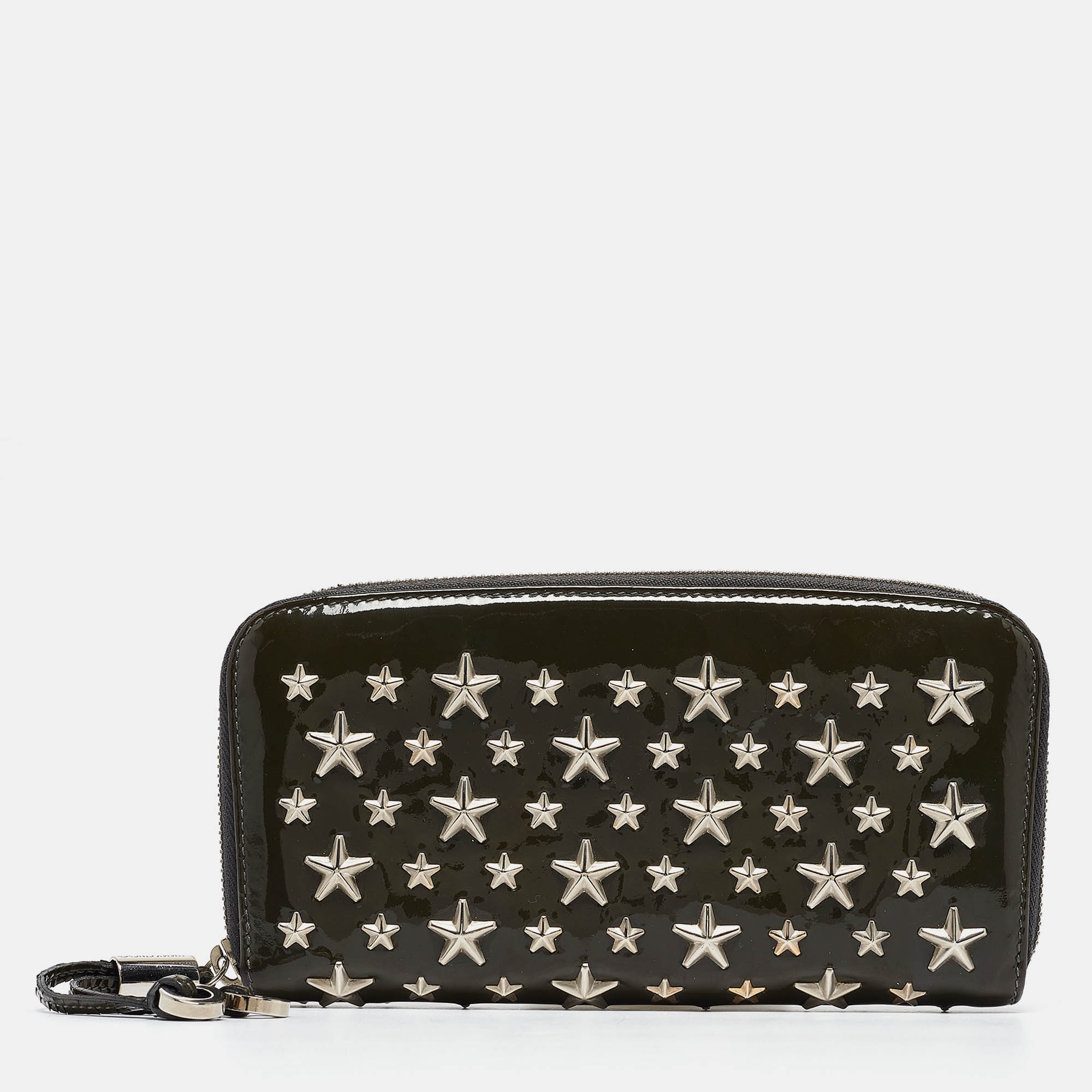 

Jimmy Choo Olive Green Patent Leather Star Studded Zip Around Wallet