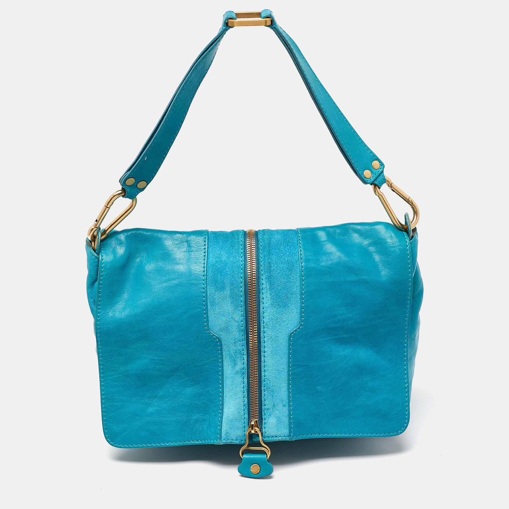 

Jimmy Choo Turquoise Blue Leather and Suede Expandable Shoulder Bag