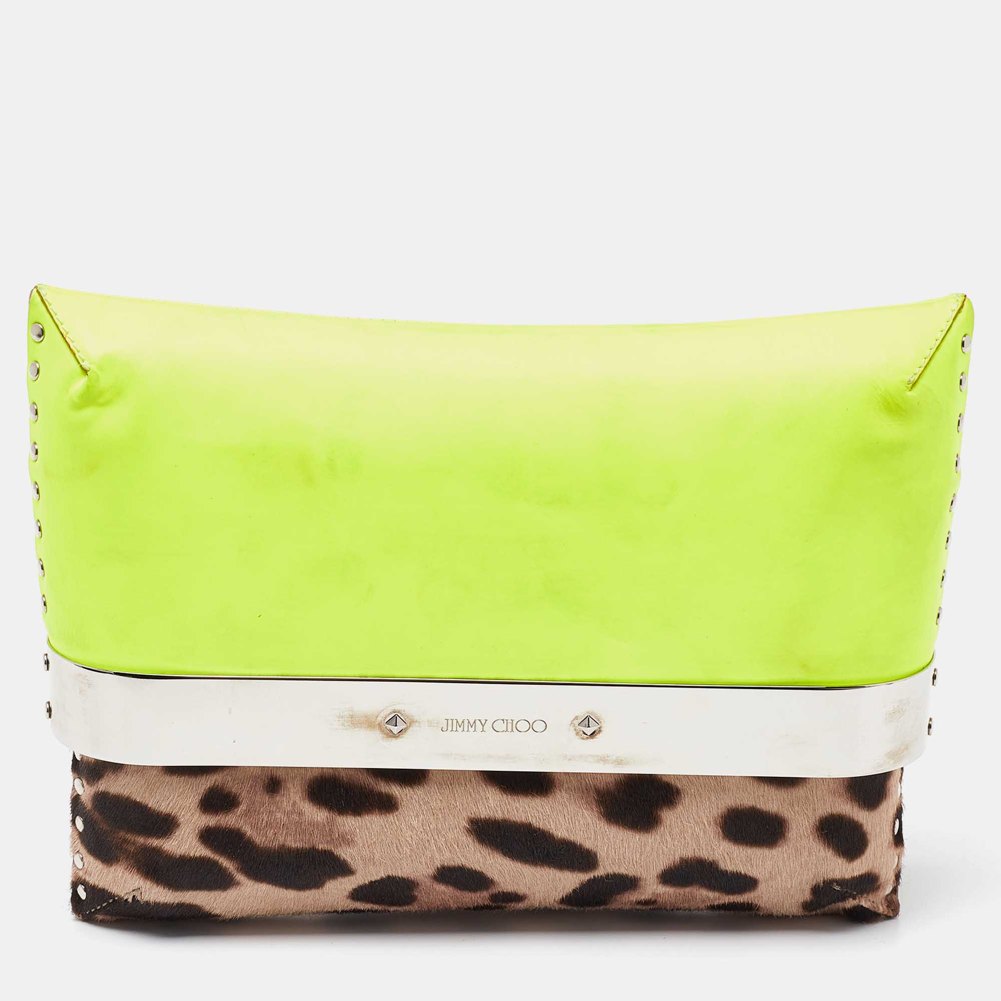 Pre-owned Jimmy Choo Neon/brown Leopard Print Calfhair And Patent Leather Clutch In Green