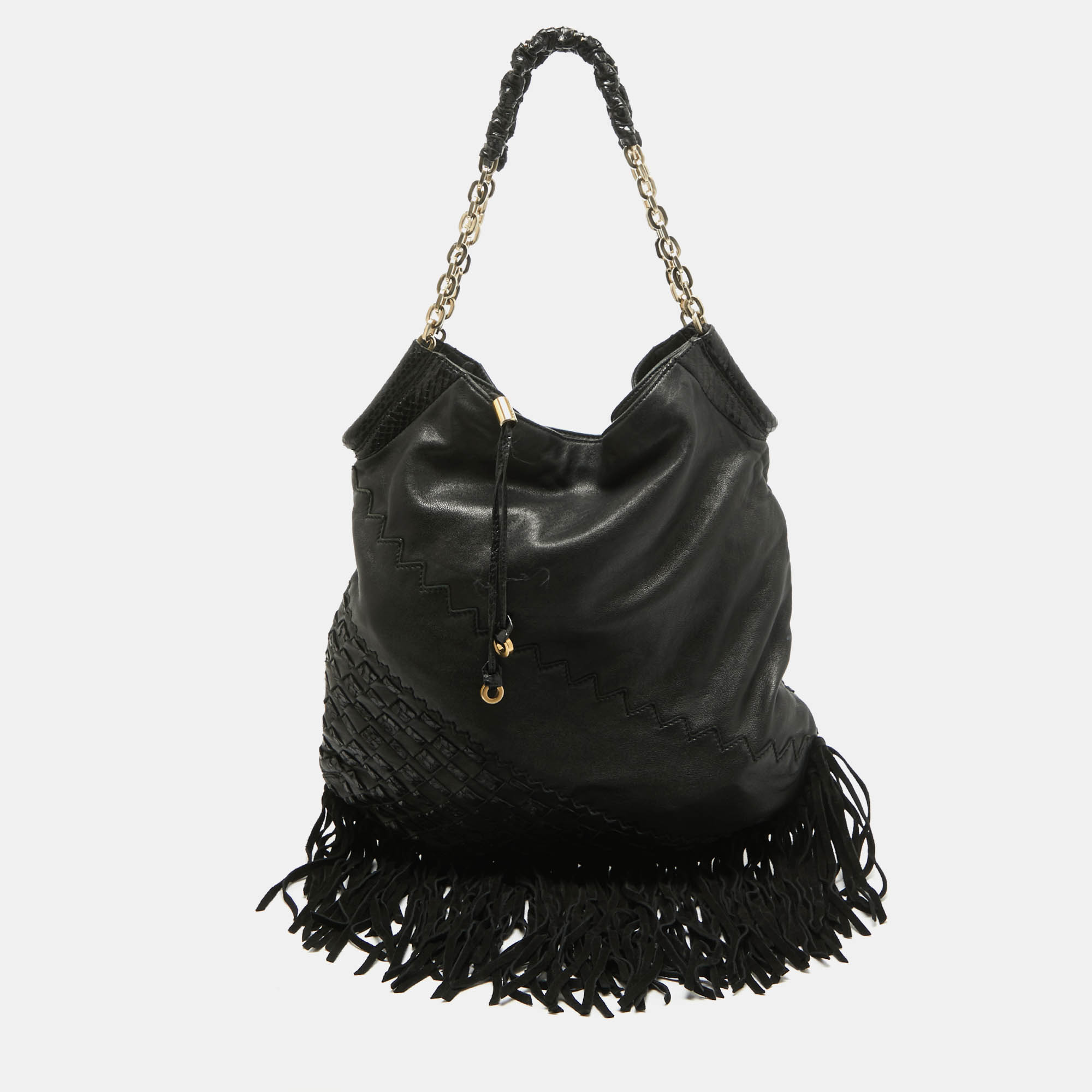 

Jimmy Choo Black Leather and Suede Tatum Fringe Hobo