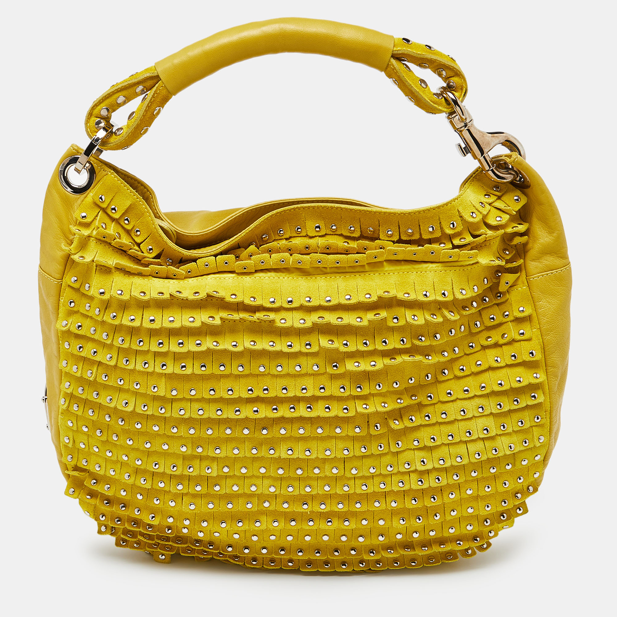 

Jimmy Choo Yellow Leather and Suede Fringe Studded Hobo