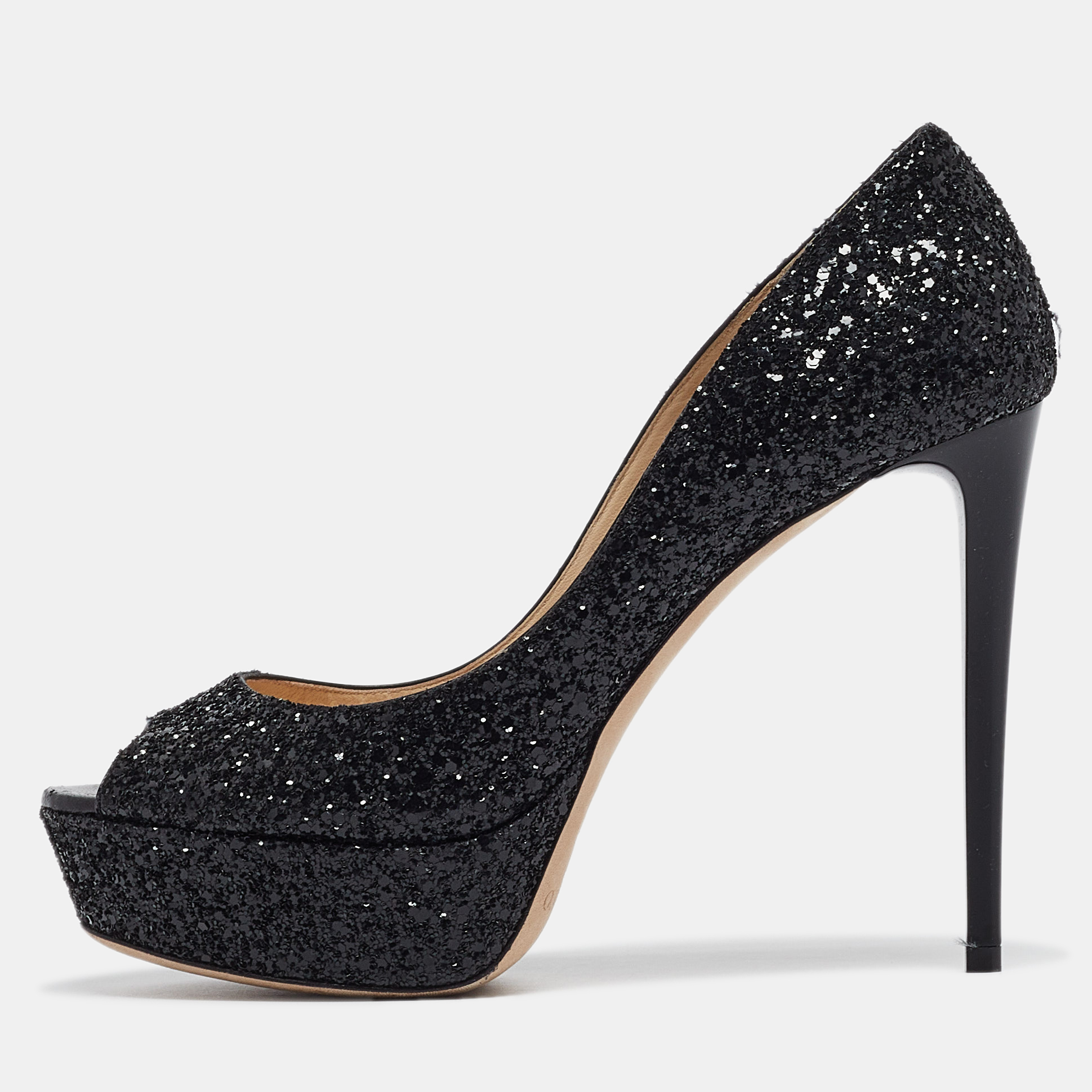 

Jimmy Choo Black Glitter Jeanette Peep Toe Pumps Size