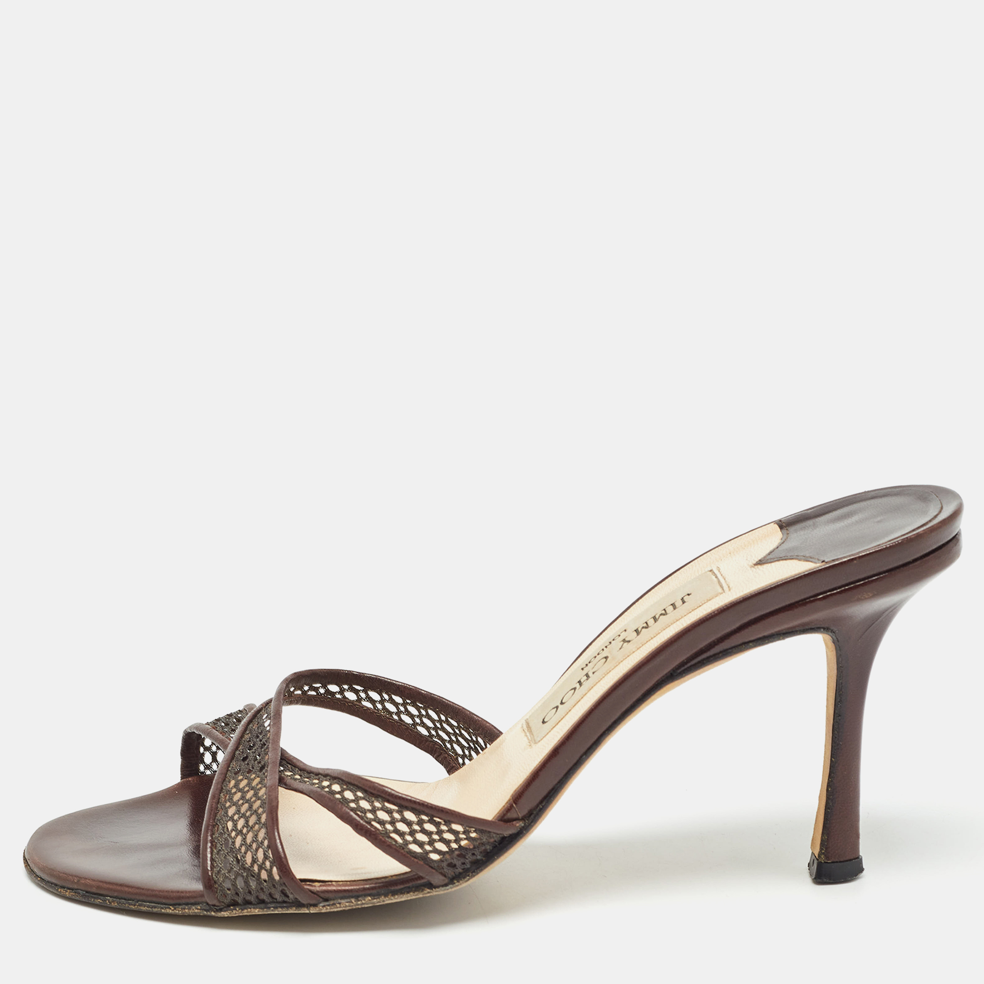 

Jimmy Choo Brown Leather Mesh and Leather Slide Sandals Size