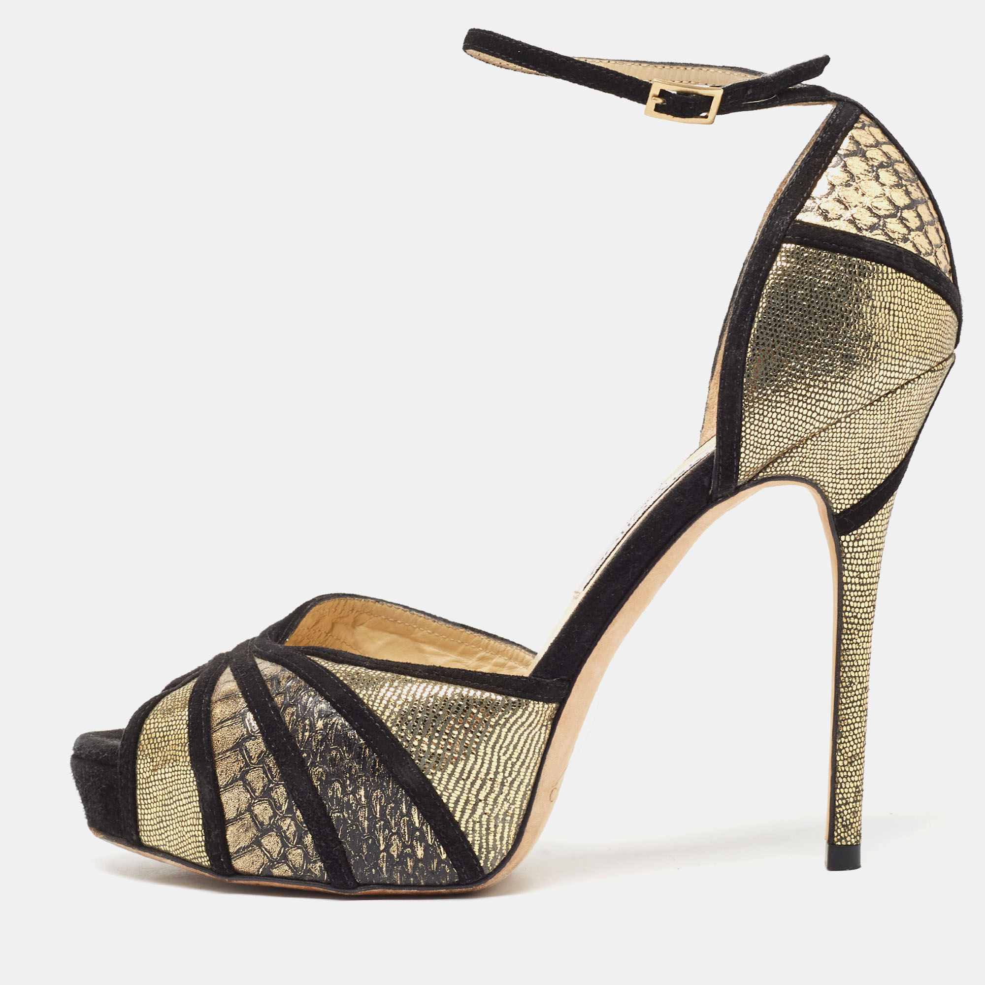 

Jimmy Choo Black Suede and Gold Python Leather Kalpa Ankle Strap Sandals Size, Metallic