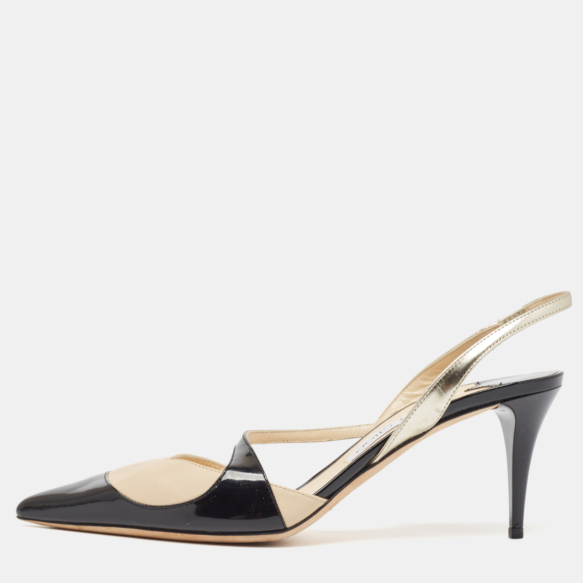

Jimmy Choo Black/Beige Leather and Patent Slingback Pumps Size