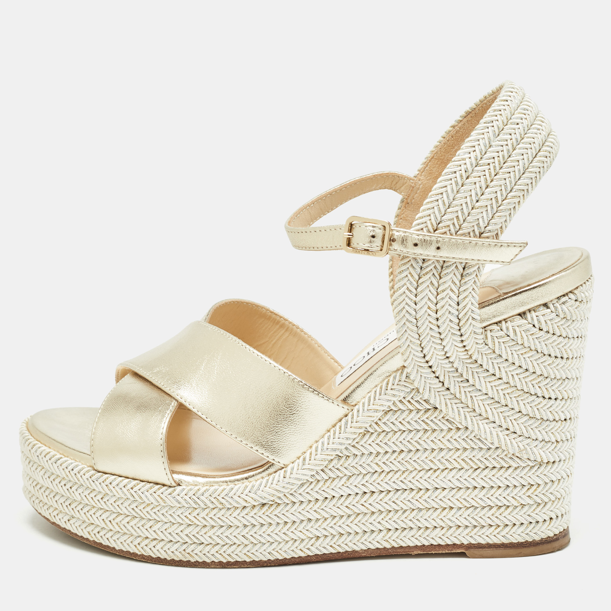 

Jimmy Choo Gold Leather and Tweed Crisscross Wedge Sandals Size