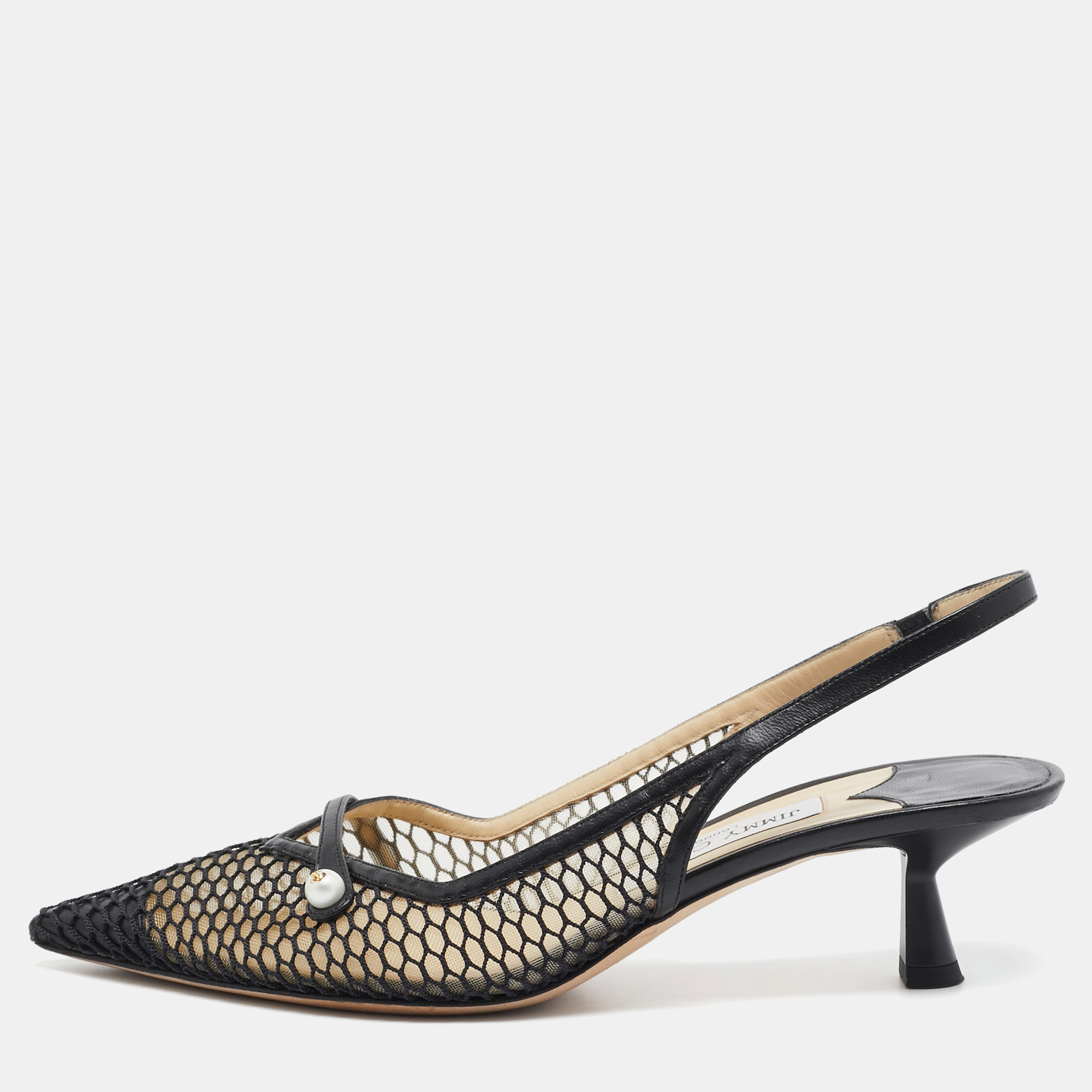 

Jimmy Choo Black Mesh and Leather Slingback Pumps Size