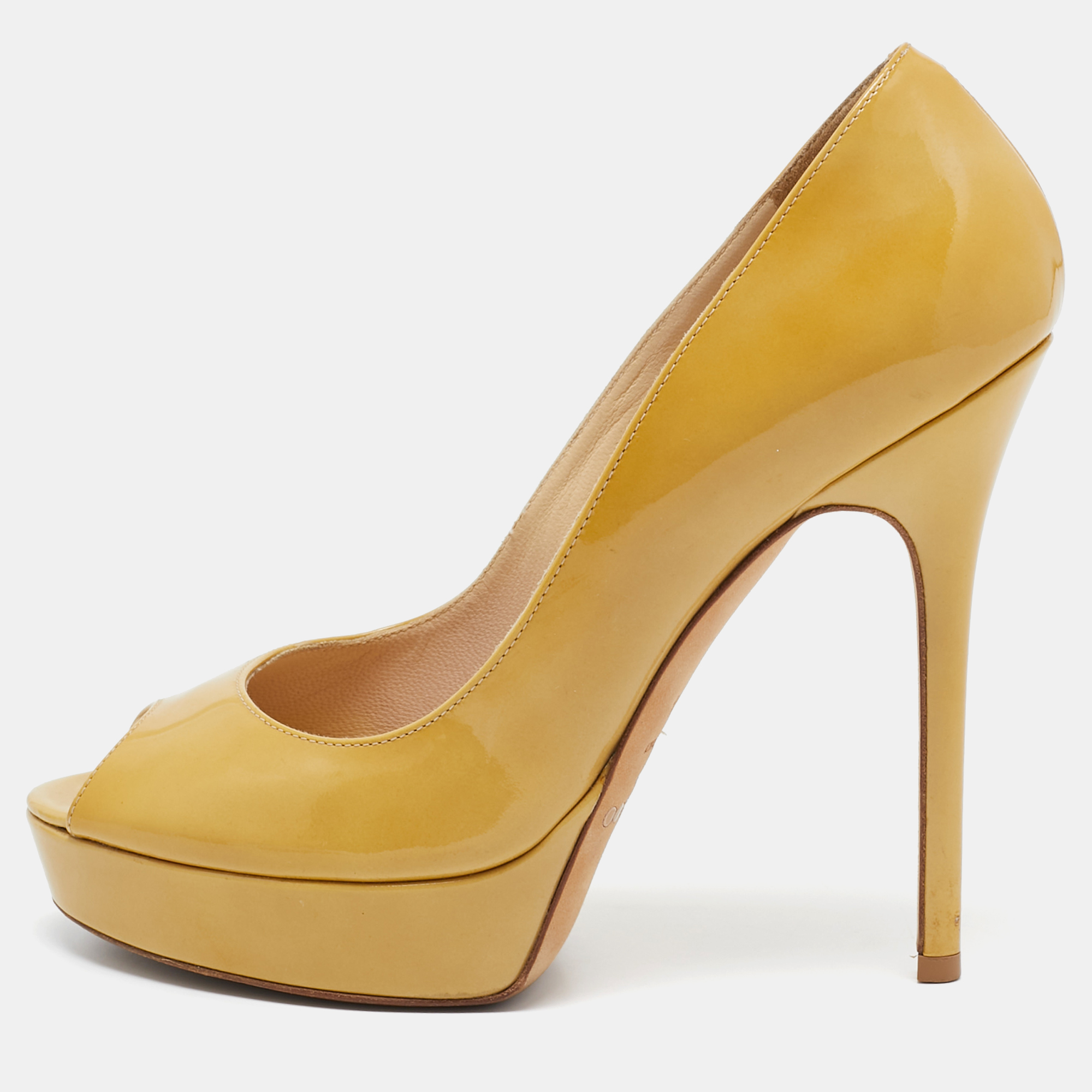 

Jimmy Choo Yellow Patent Leather Crown Platform Peep Toe Pumps Size