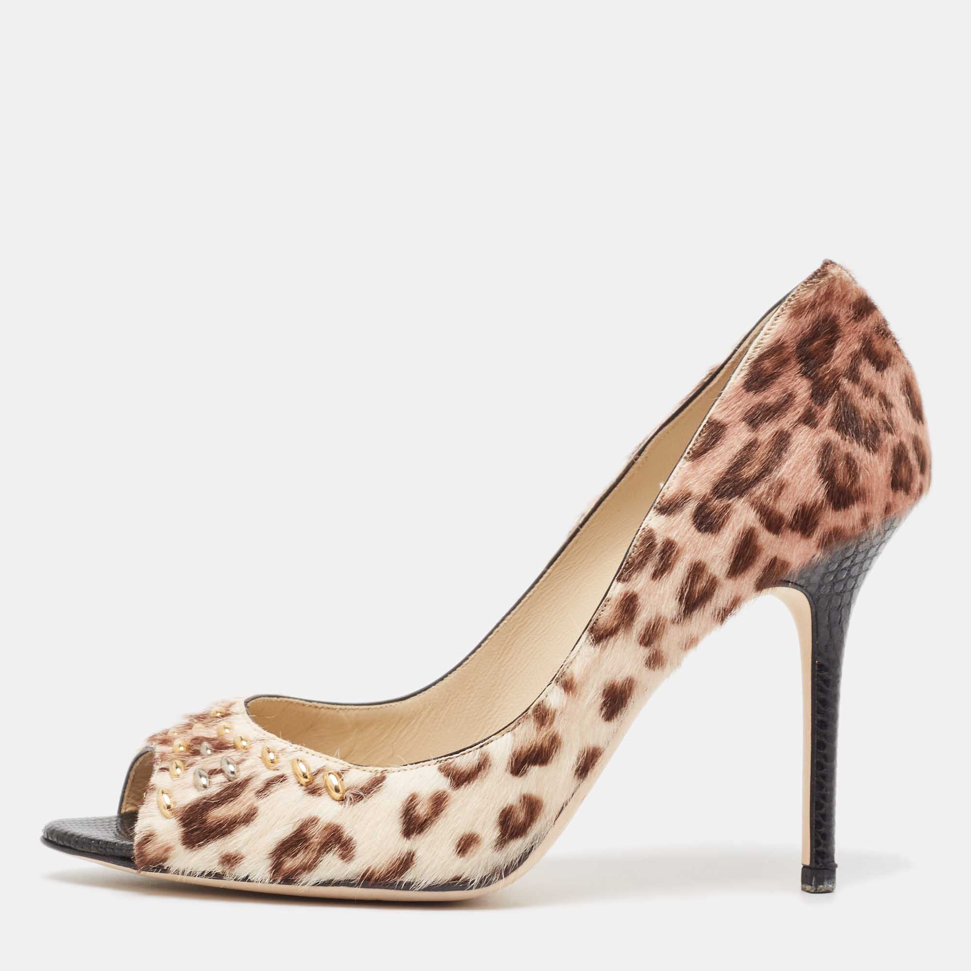 

Jimmy Choo Tricolor Animal Print Calf Hair Studded Open Toe Pumps Size, Brown