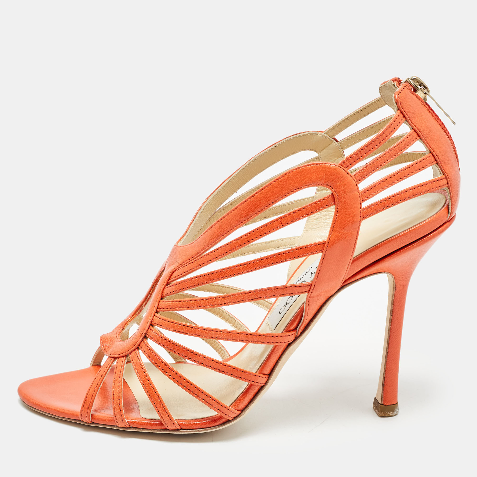 Pre-owned Jimmy Choo Orange Leather Strappy Open Toe Sandals Size 39