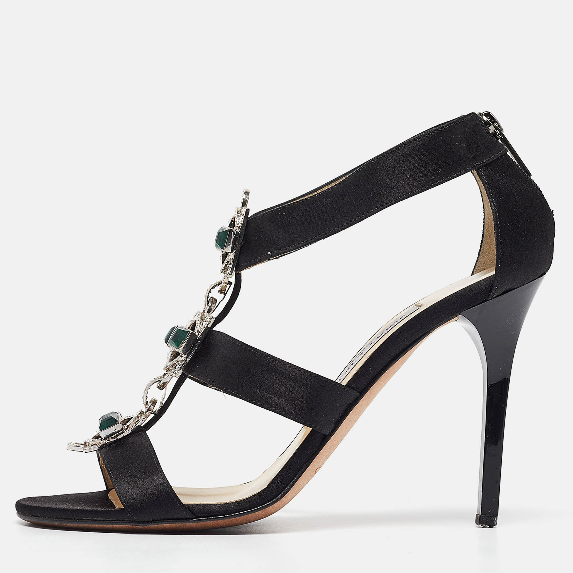 Pre-owned Jimmy Choo Black Satin Jeweled Strappy Sandals Size 39