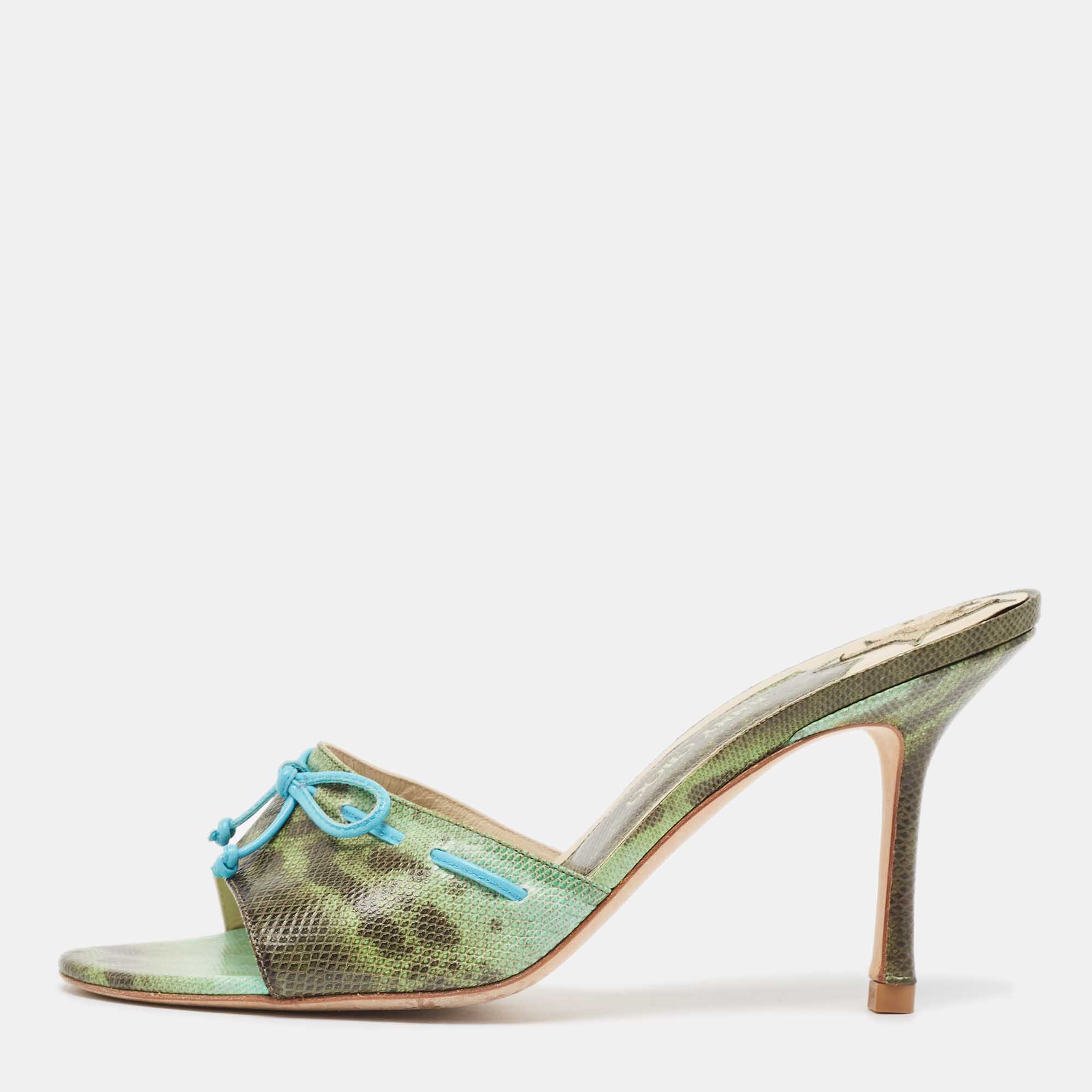 

Jimmy Choo Vintage Green/Brown Karung Bow Mule Sandals Size