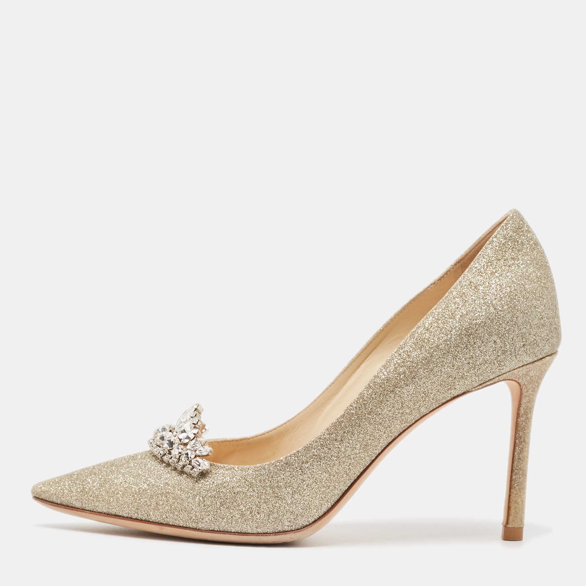 

Jimmy Choo Gold Glitter Crystal Embellished Romy Pumps Size