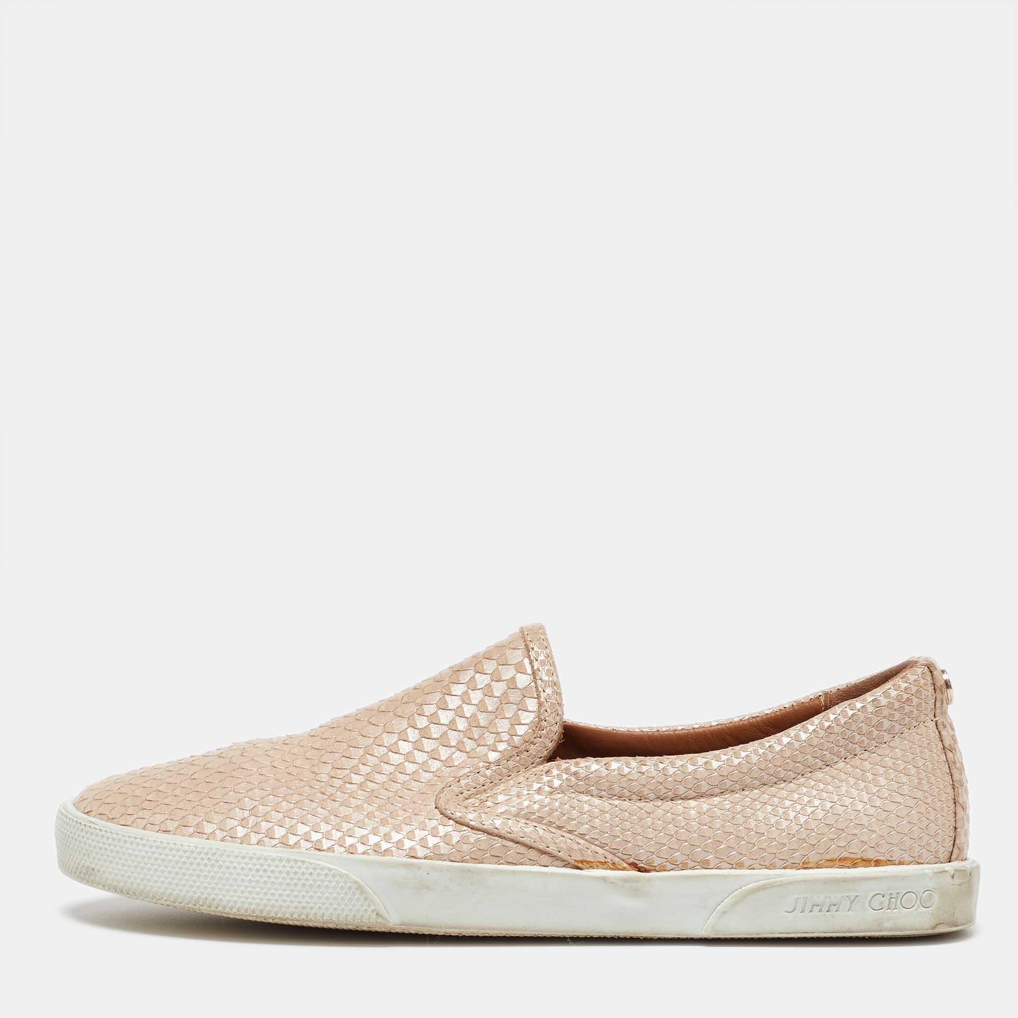 

Jimmy Choo Beige Python Embossed Leather Slip On Sneakers Size