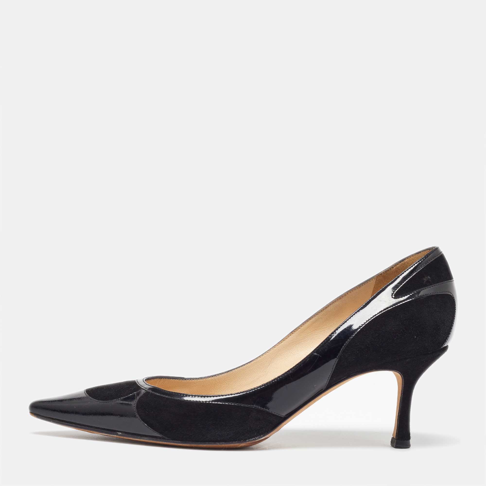 

Jimmy Choo Black Suede and Patent Leather Pointed Toe Pumps Size