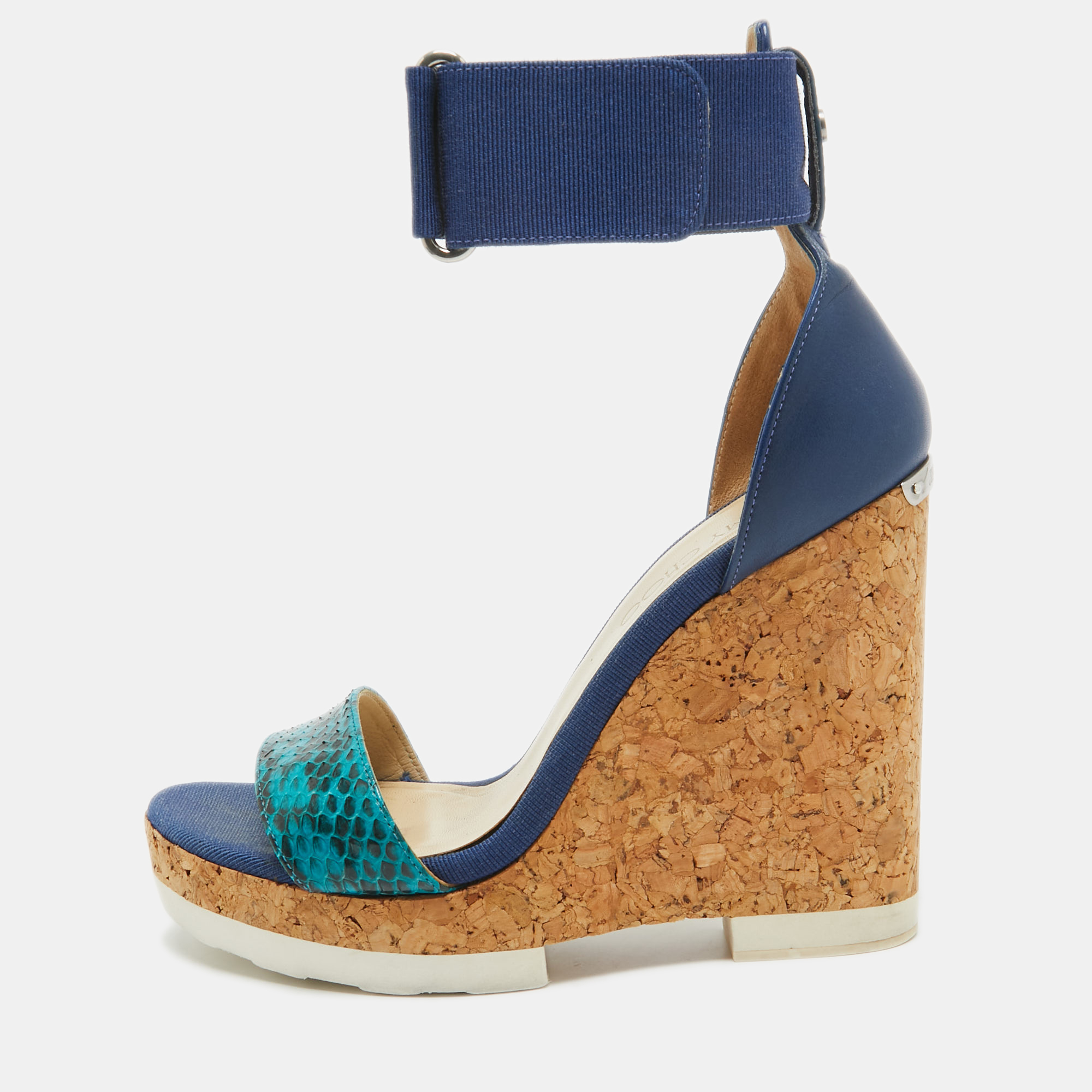 Pre-owned Jimmy Choo Blue Python And Leather Neston Platform Wedge Sandals Size 38