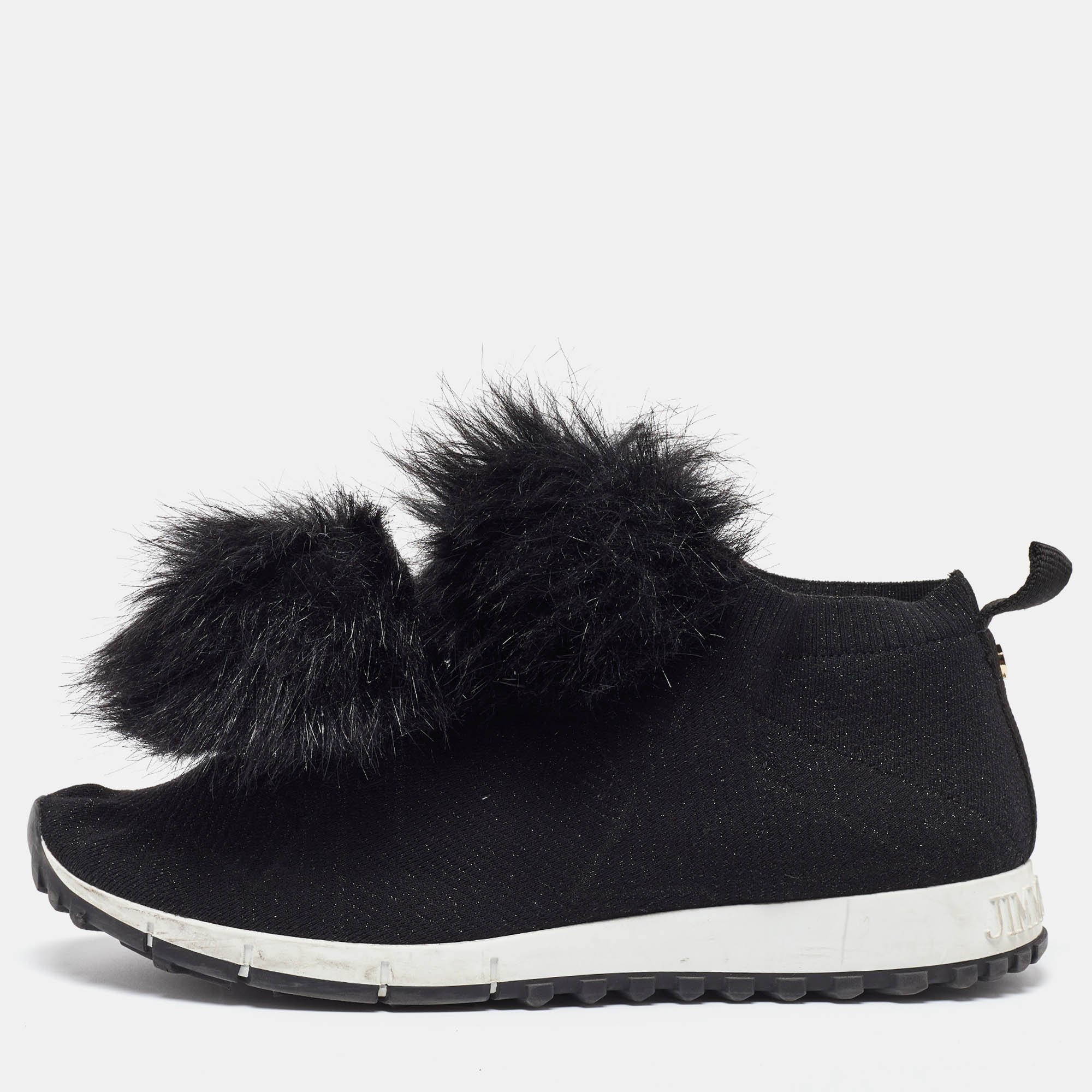 

Jimmy Choo Black Knit Fabric and Fur Pom Pom Norway Slip On Sneakers Size