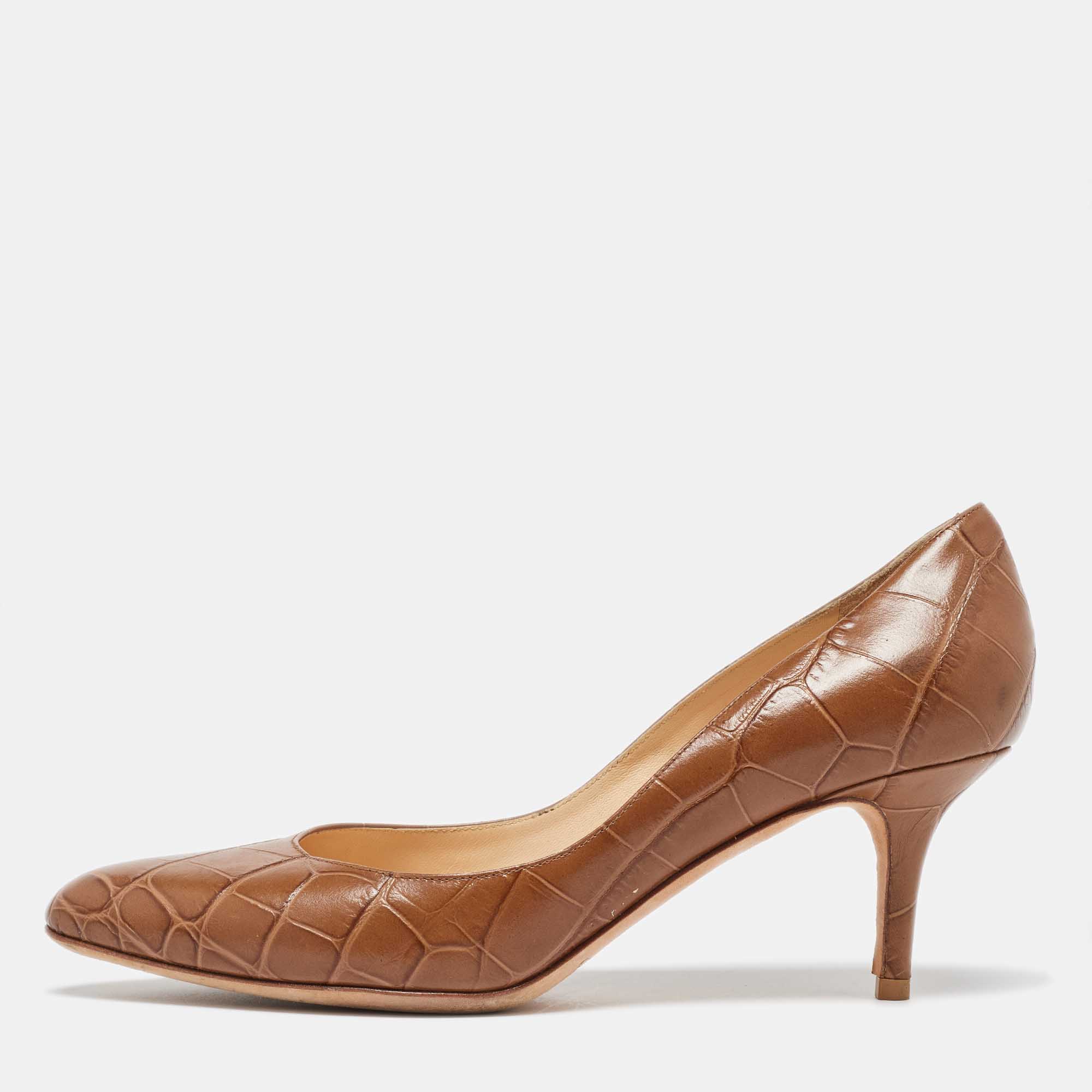 

Jimmy Choo Brown Croc Embossed Leather Pumps Size