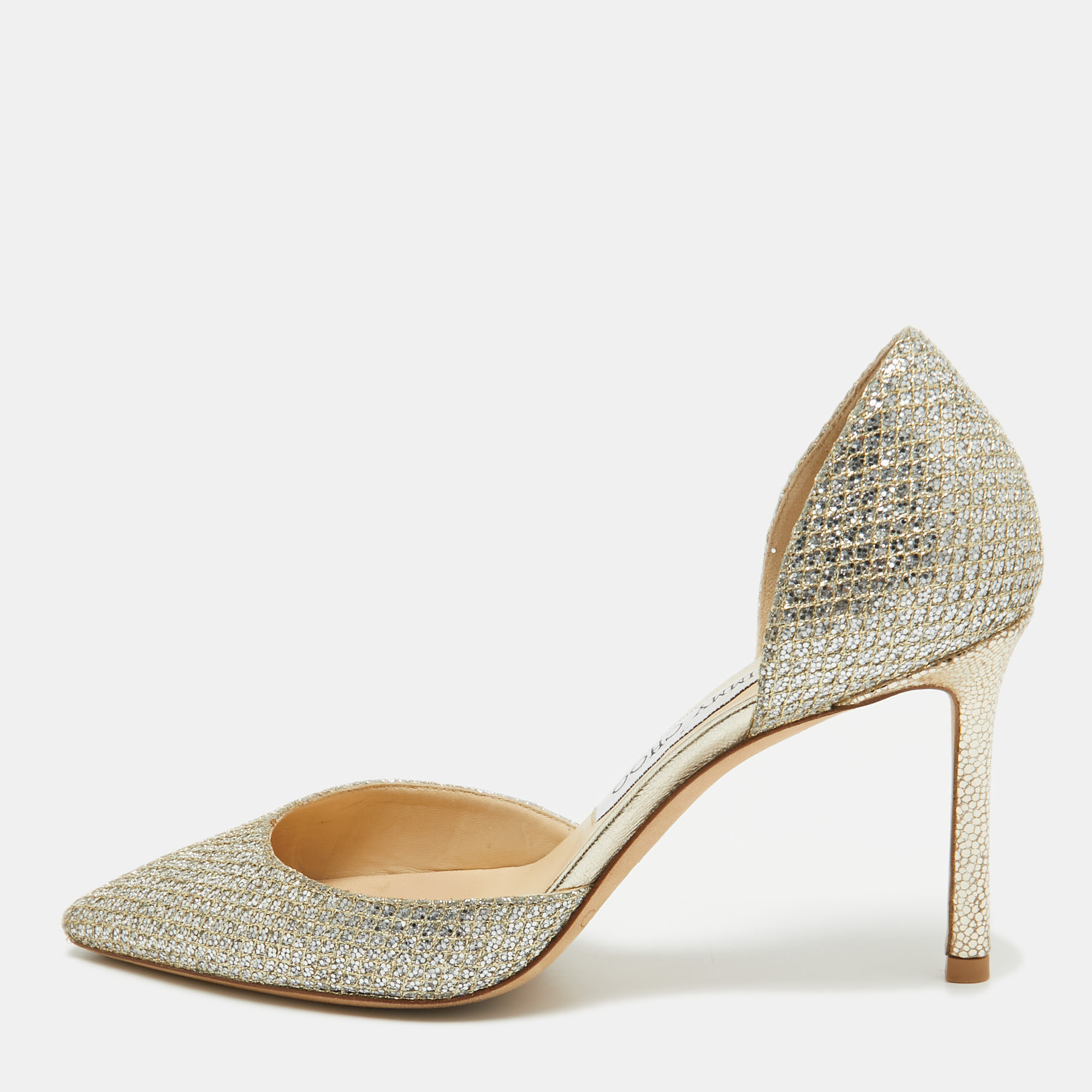 

Jimmy Choo Silver Glitter Esther 85 Pointed Toe Pumps Size