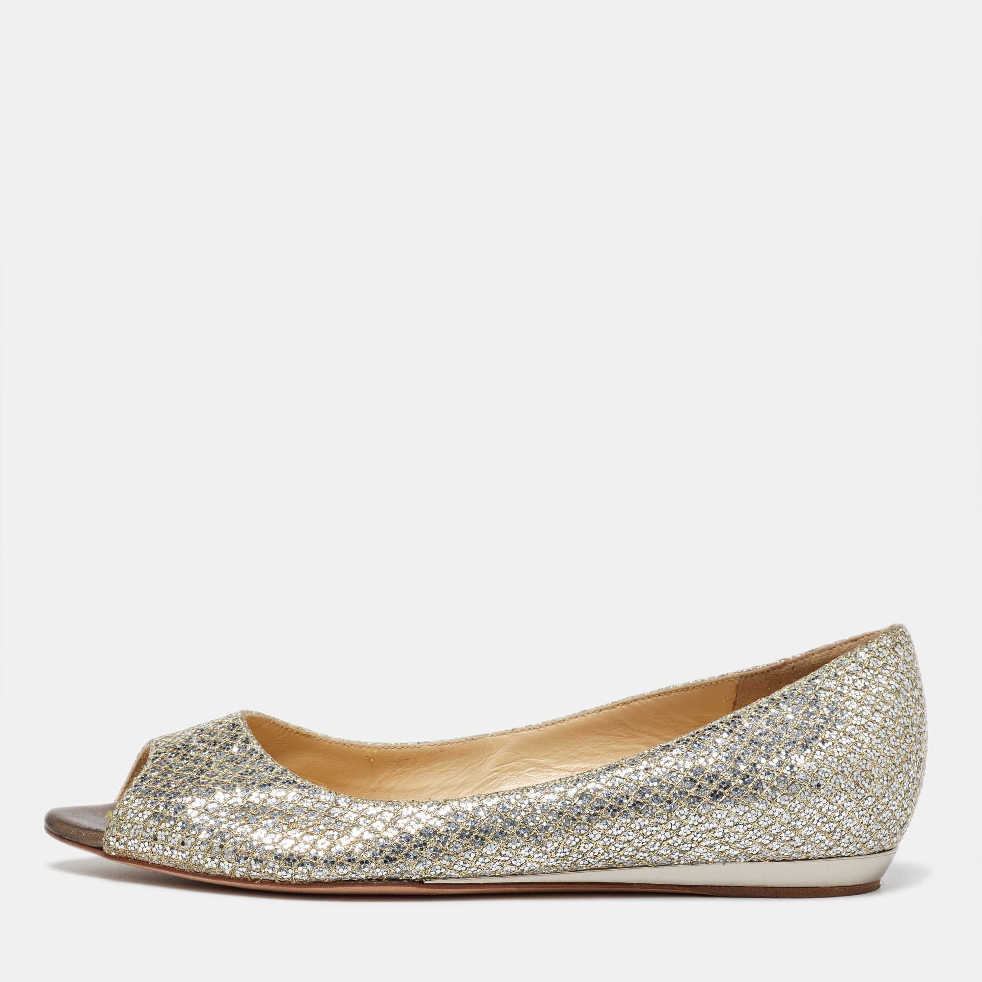 

Jimmy Choo Two Tone Coarse Glitter Fabric Beck Peep Toe Flats Size, Gold