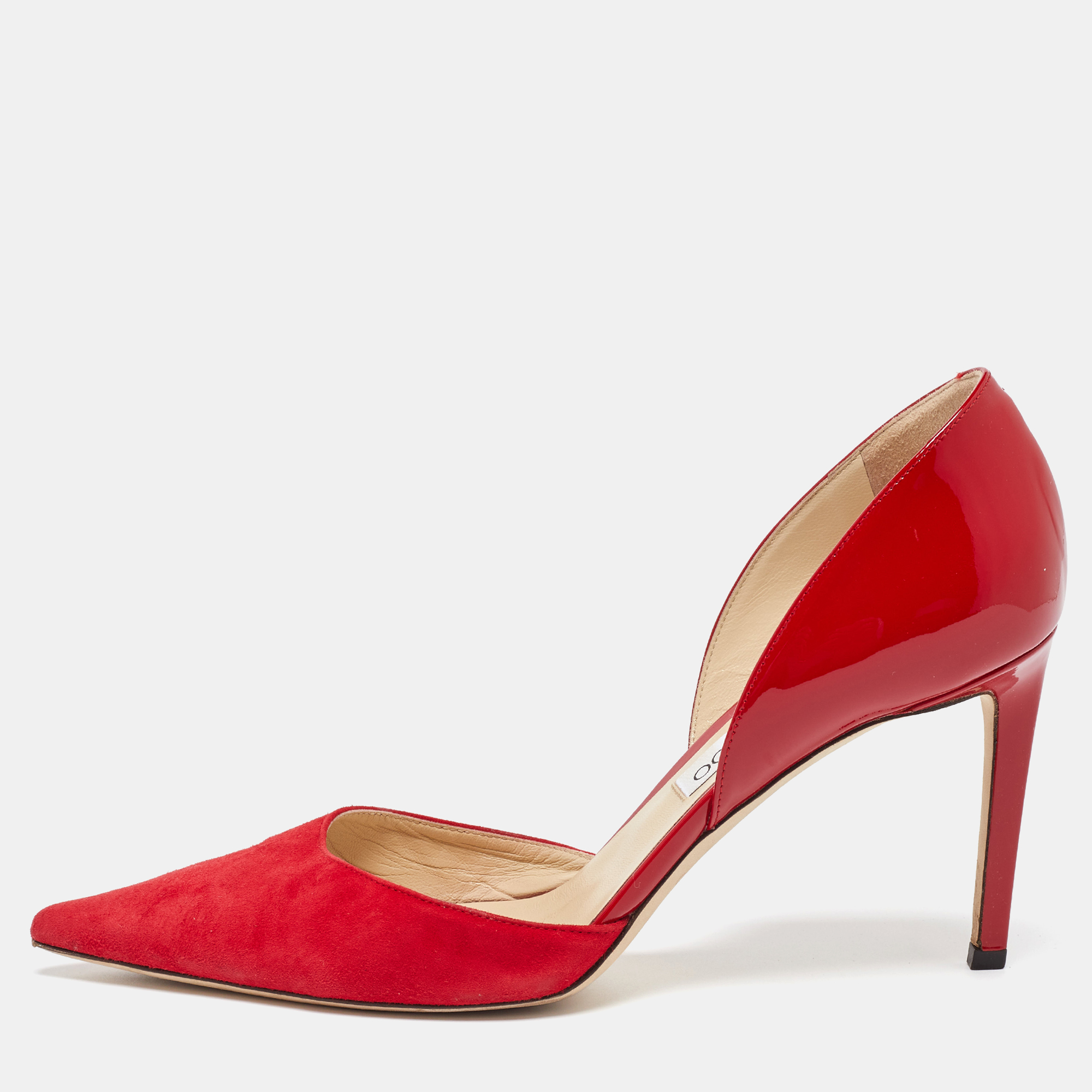 

Jimmy Choo Red Suede and Patent Leather Darylin Pumps Size