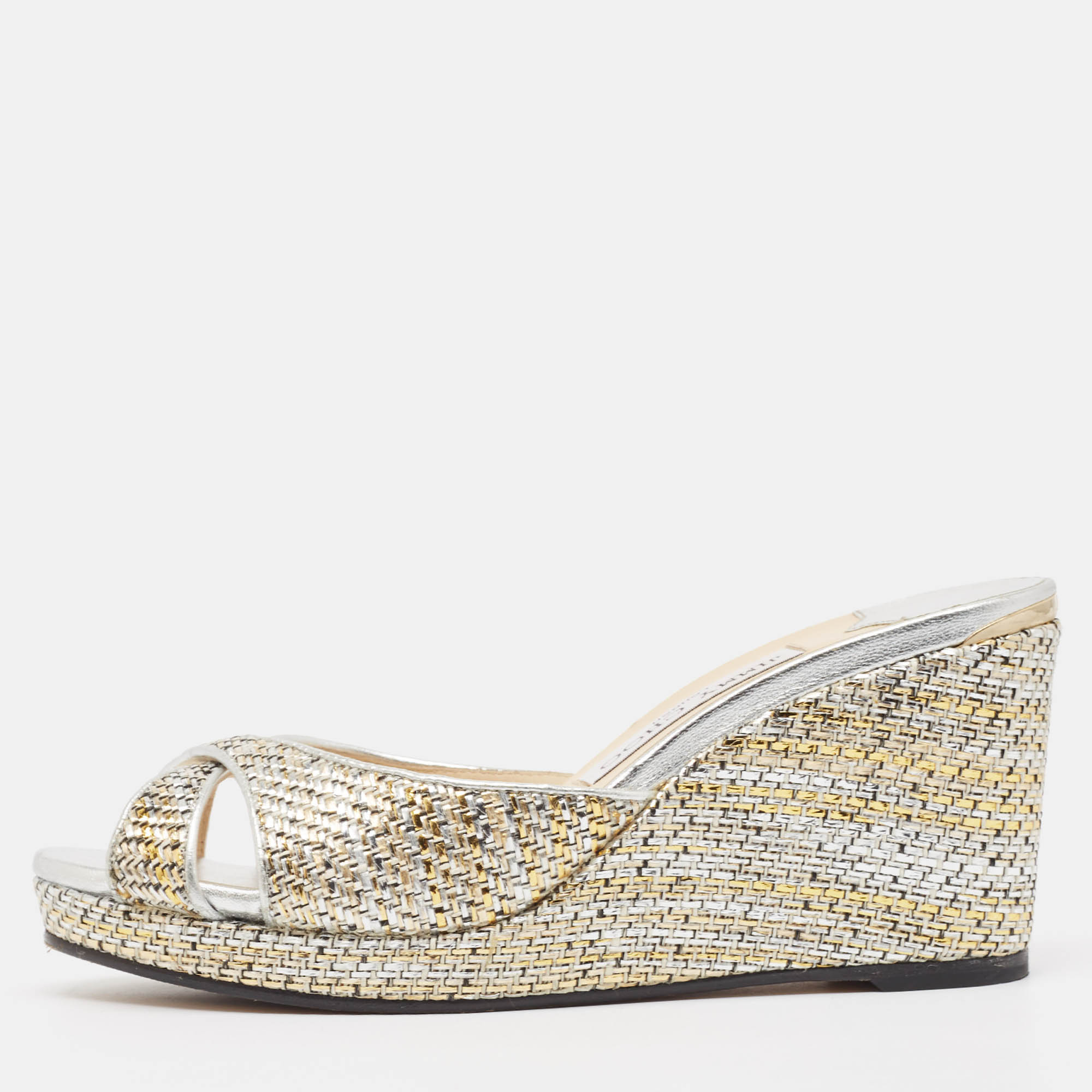 

Jimmy Choo Two Tone Leather Prima Wedge Sandals Size, Metallic