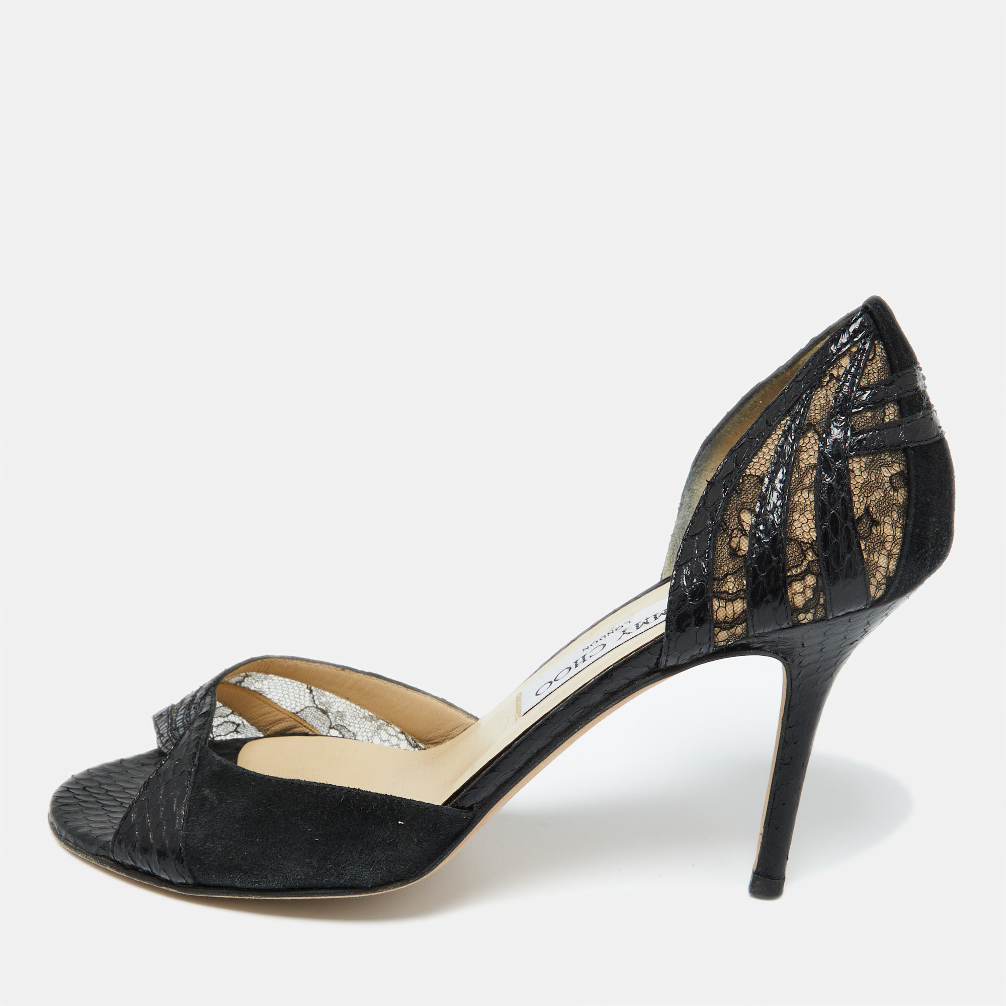 

Jimmy Choo Black Lace, Suede and Watersnake Leather Pumps Size