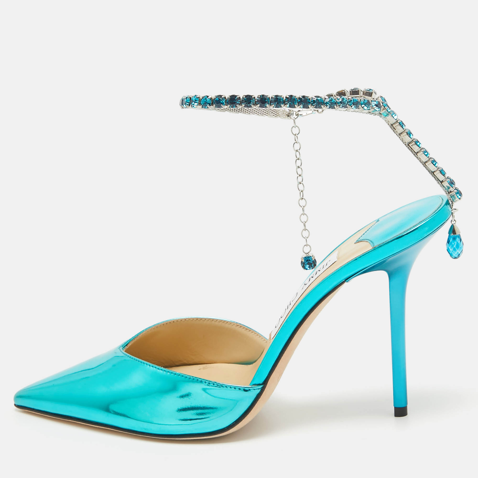 

Jimmy Choo Blue Patent Leather Saeda Crystal Embellished Pointed Toe Pumps