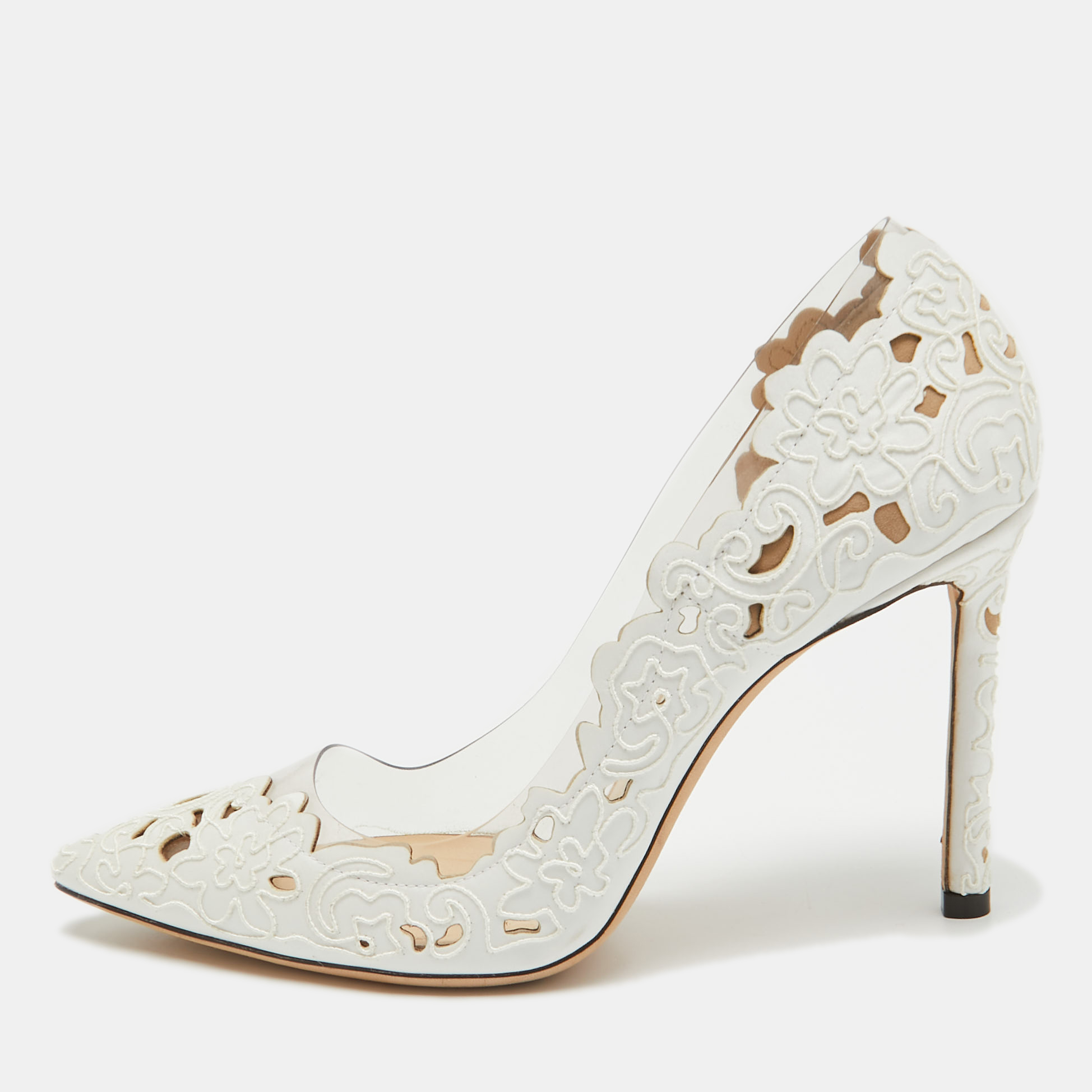 

Jimmy Choo White Laser Cut Fabric and PVC Romy Pumps Size