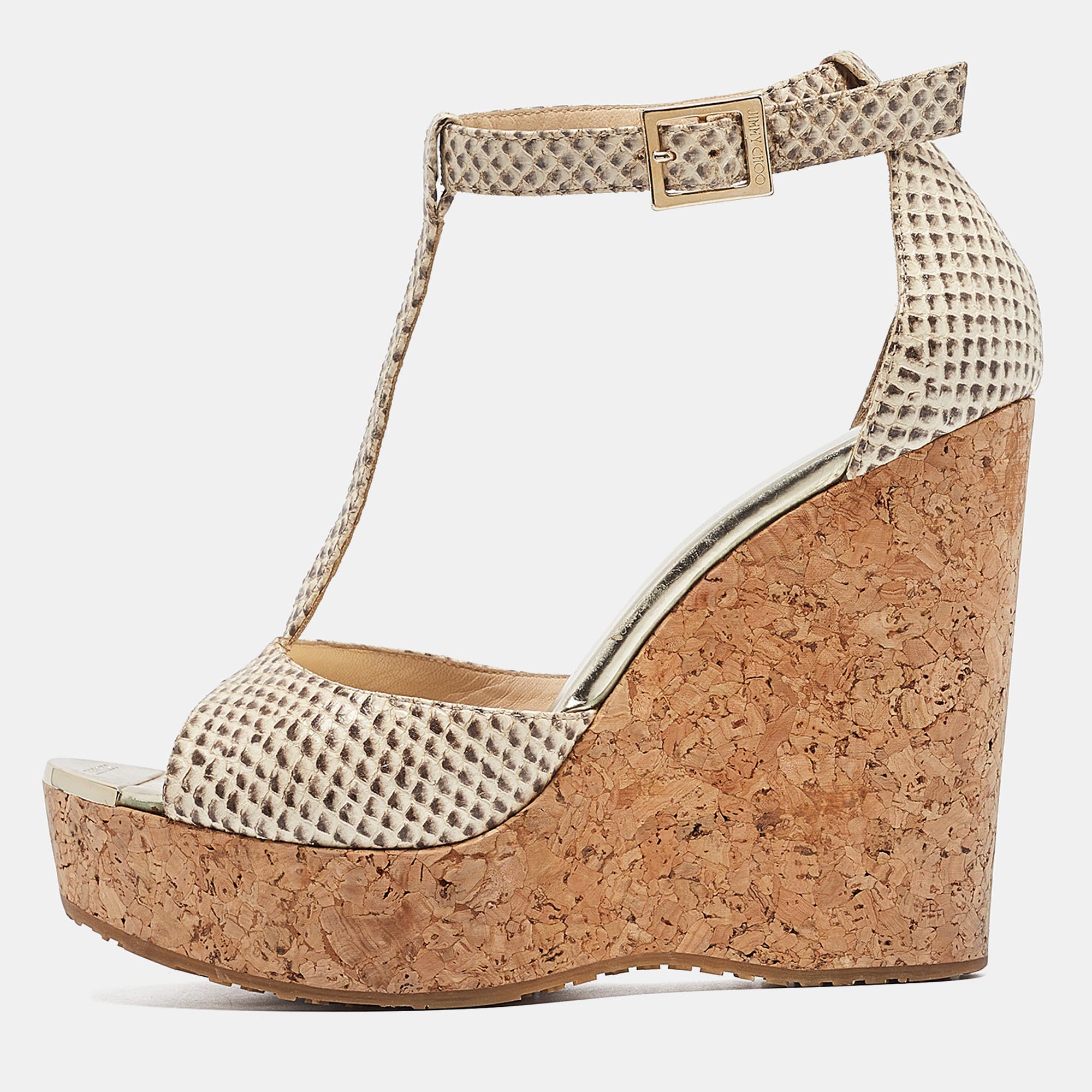 

Jimmy Choo Two Tone Embossed Snakeskin Pela Wedge Sandals Size, Beige