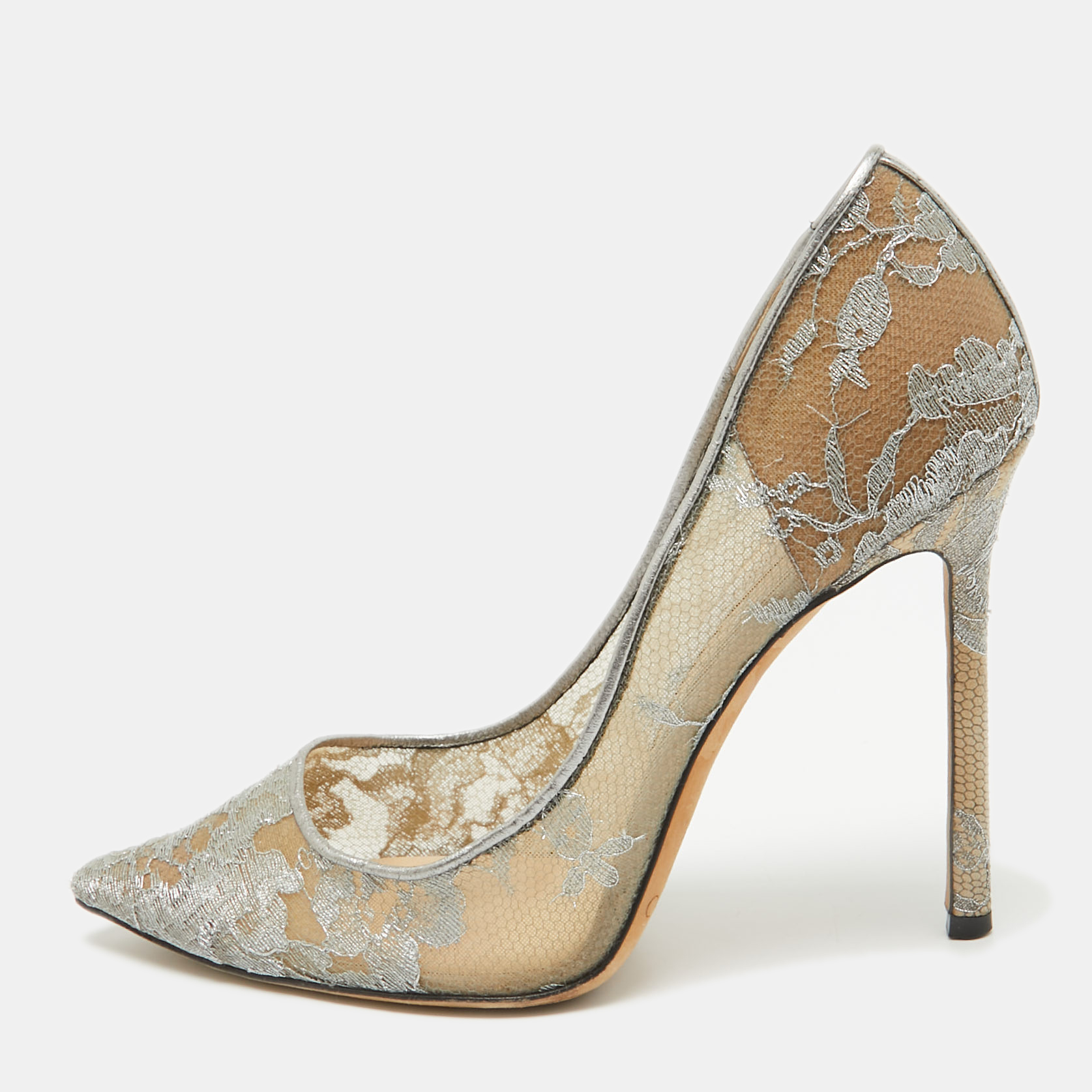 

Jimmy Choo Metallic Grey Lace Romy Pumps Size