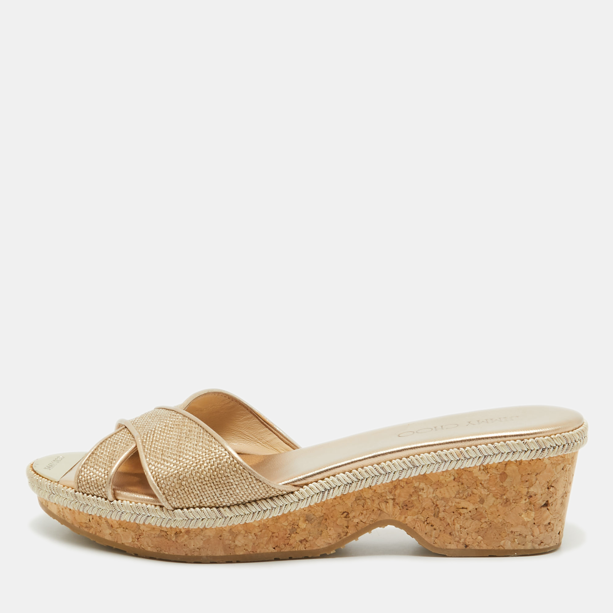 

Jimmy Choo Gold Raffia Panna Cork Slides Size