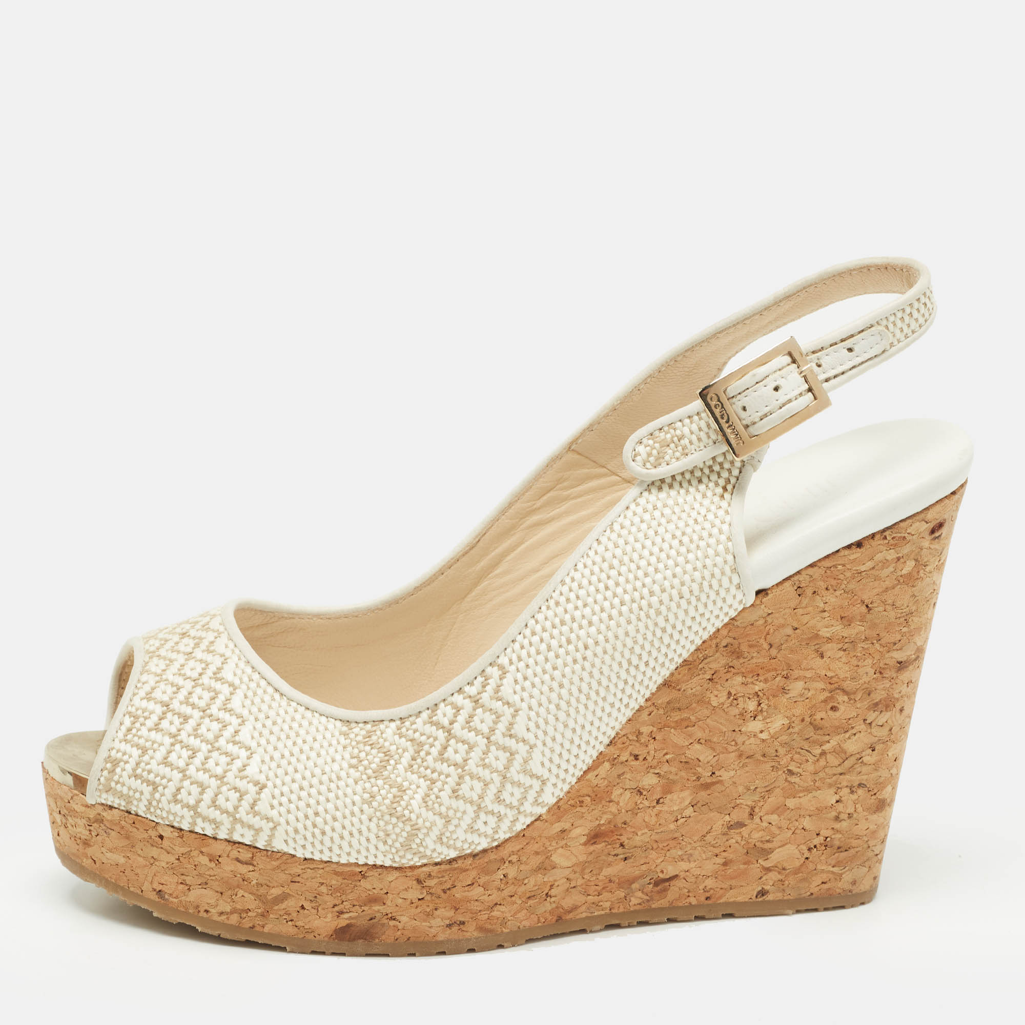 

Jimmy Choo White/Beige Leather and Raffia Cork Wedge Platform Slingback Sandals Size