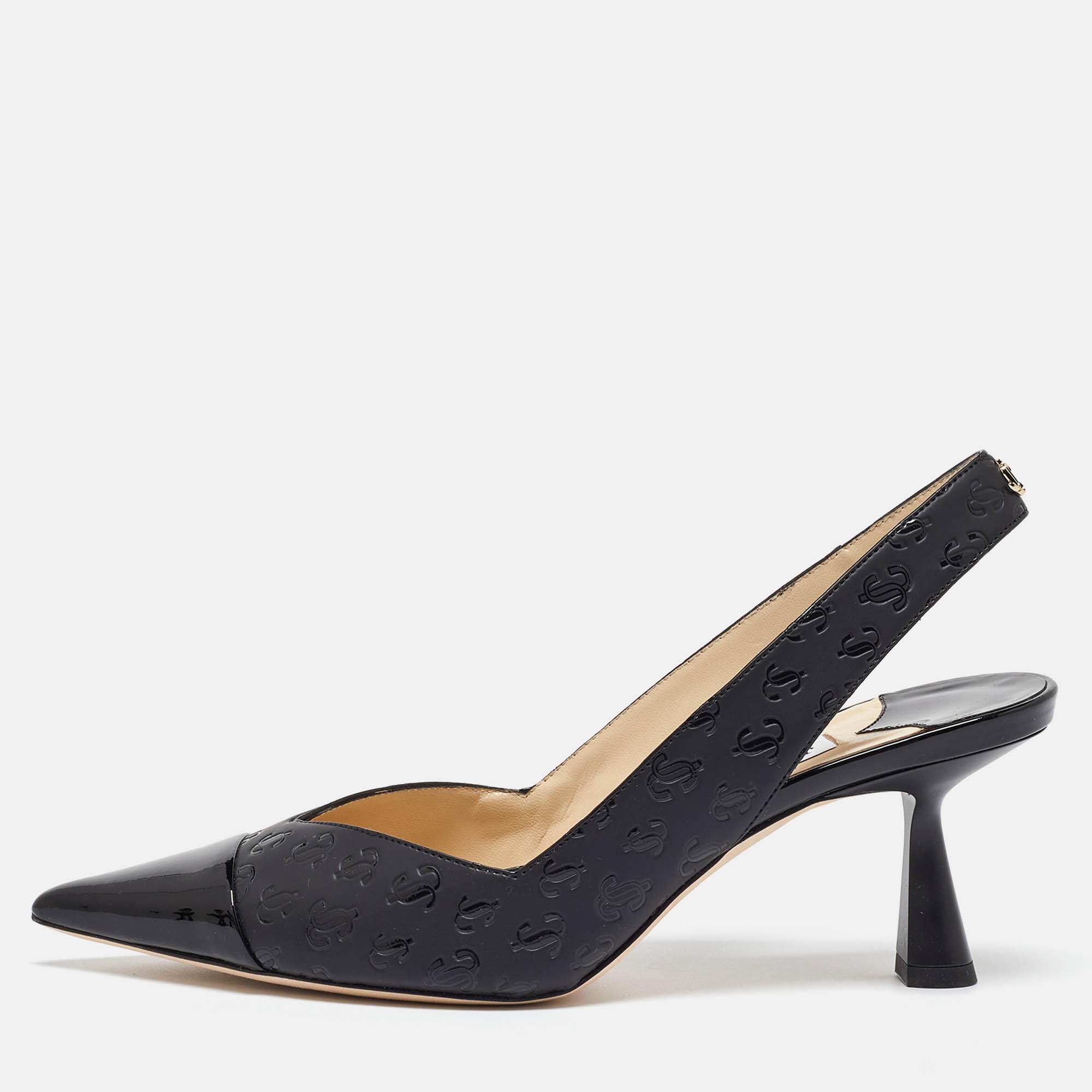 

Jimmy Choo Black Logo Embossed Leather Liya Slingback Pumps Size