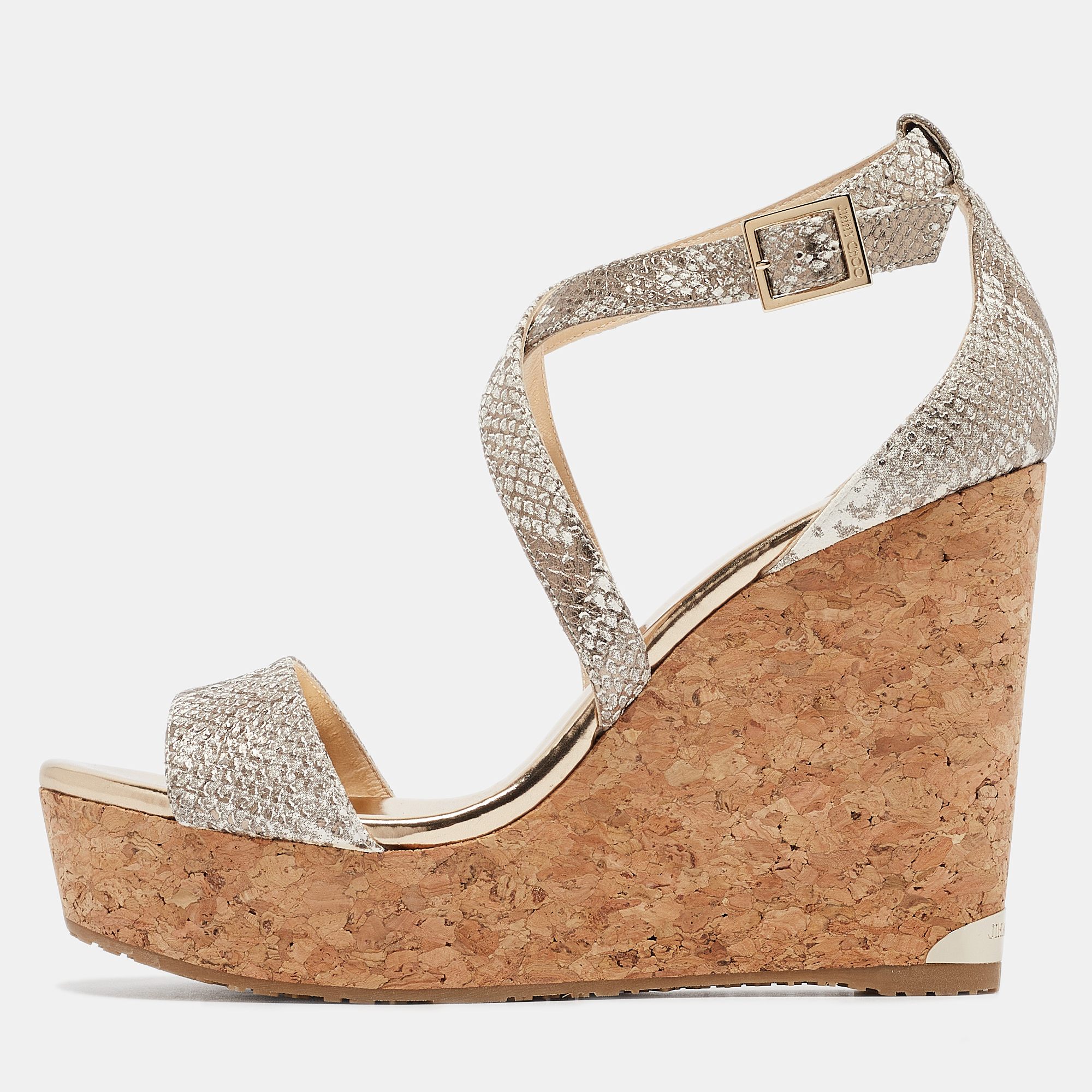 

Jimmy Choo Gold Snakeskin Embossed Leather Portia Wedge Sandals Size