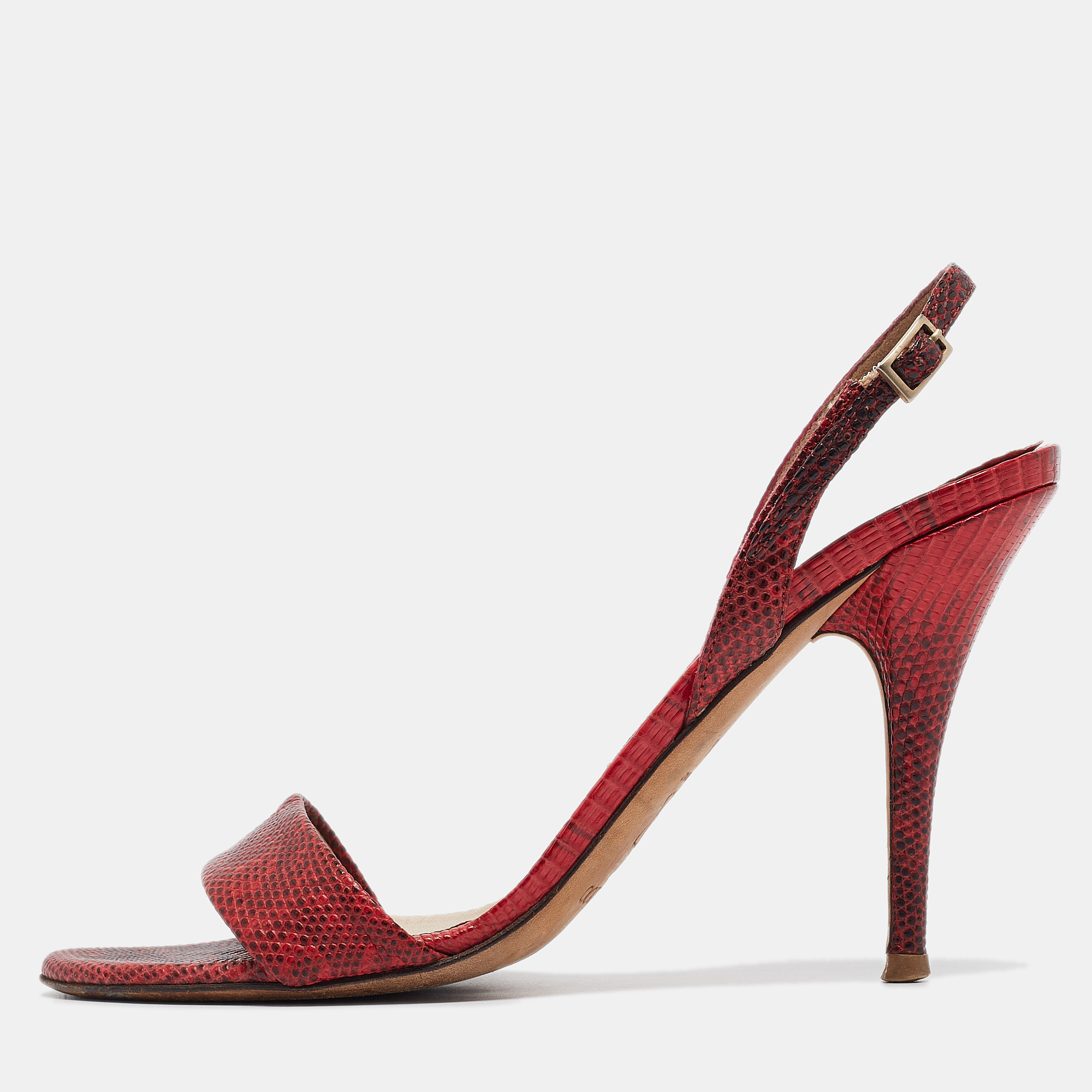 

Jimmy Choo Red/Black Embossed Lizard Slingback Sandals Size