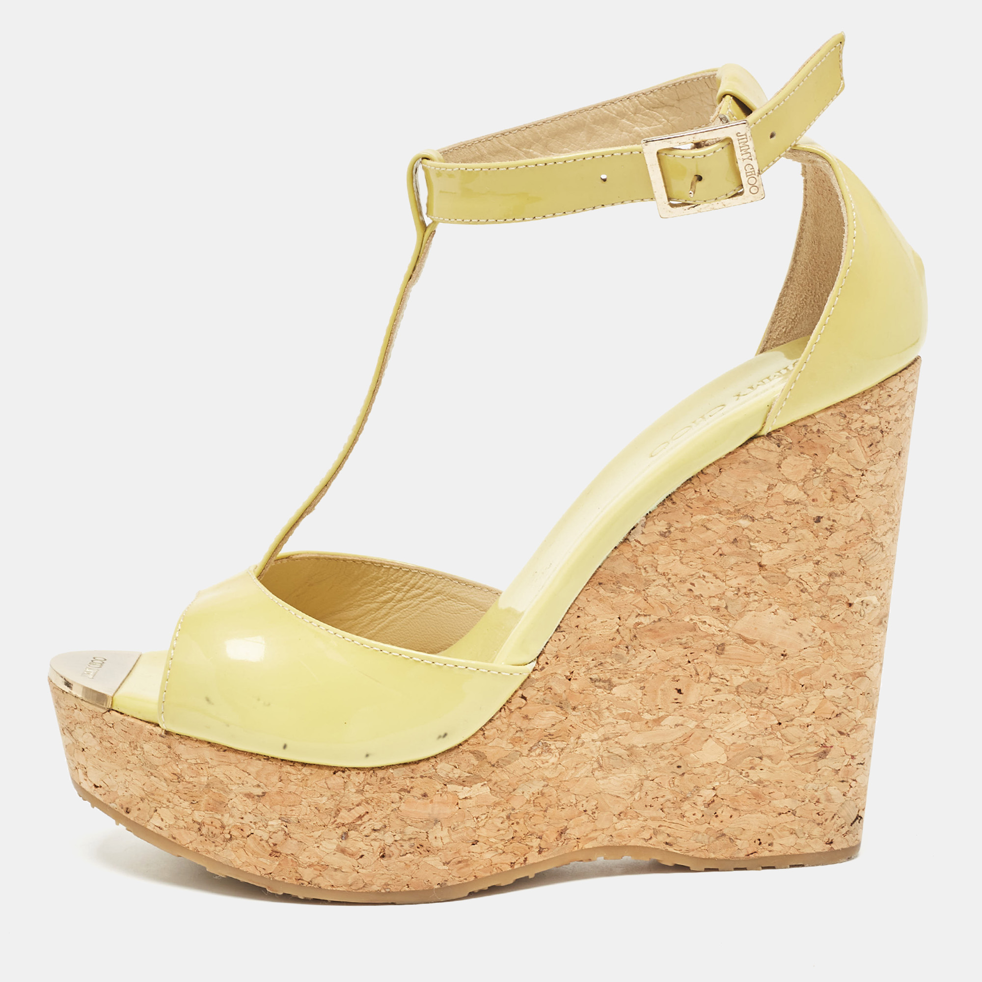 

Jimmy Choo Light Green Patent Leather Pania Cork Wedge Sandals Size