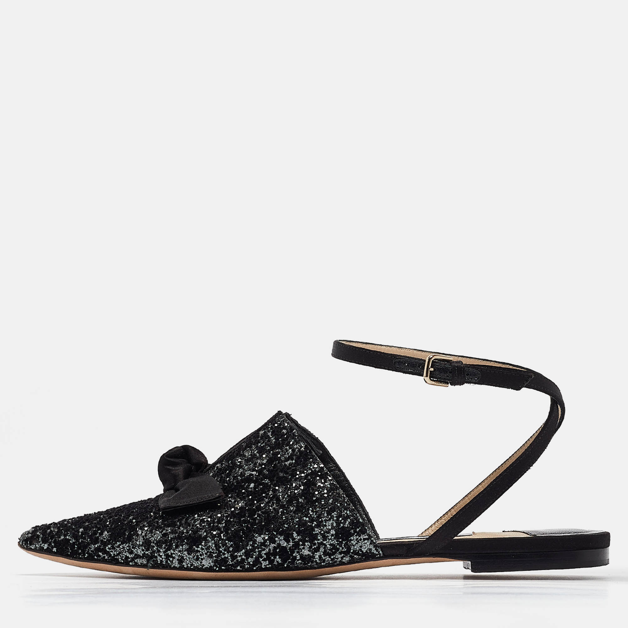 

Jimmy Choo Black Fabric and Glitter Bow Mules Size