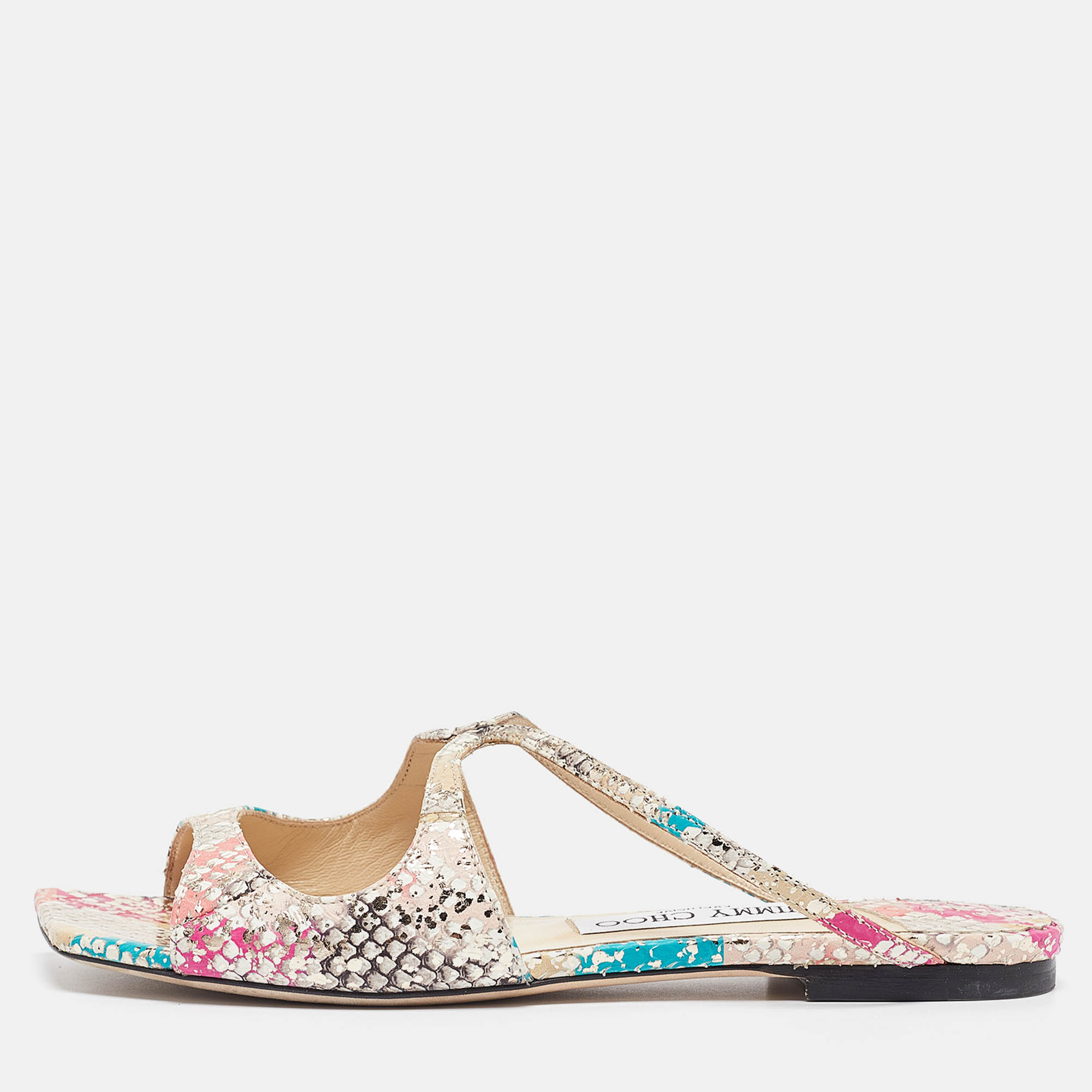 

Jimmy Choo Multicolor Python Embossed Leather Flat Slides Size