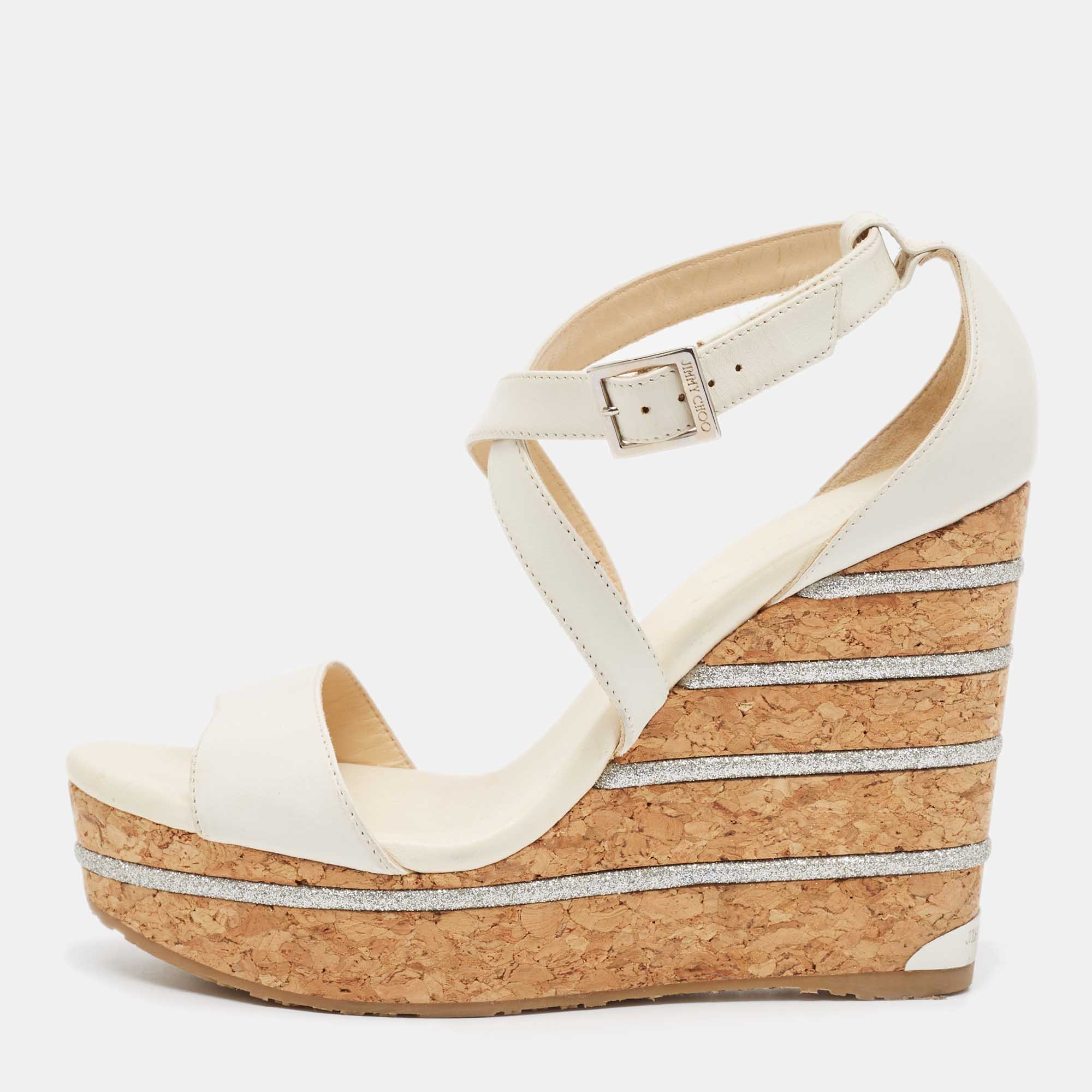 Pre-owned Jimmy Choo Cream Leather Wedge Sandals Size 39