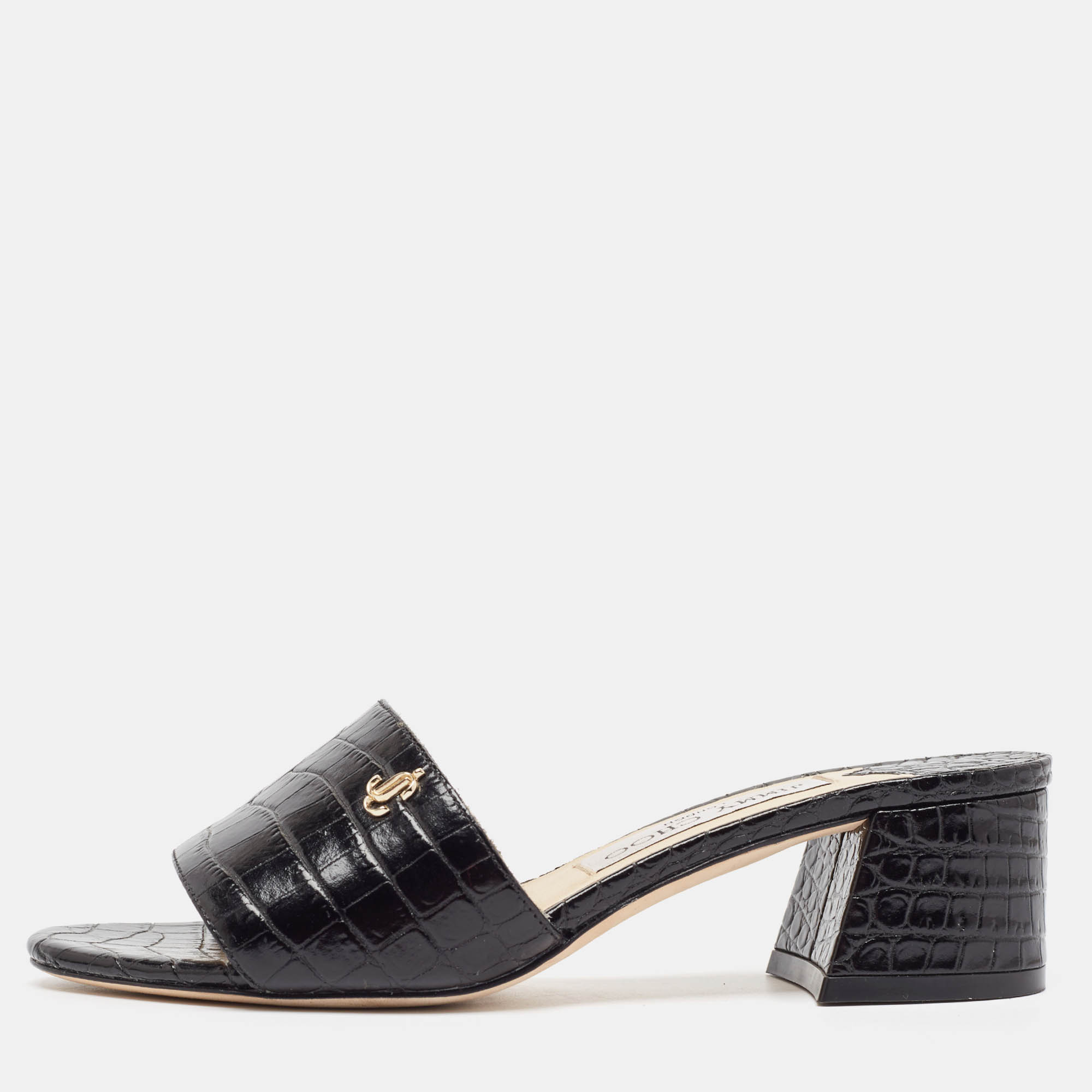 

Jimmy Choo Black Croc Embossed Leather Minea Slide Sandals Size