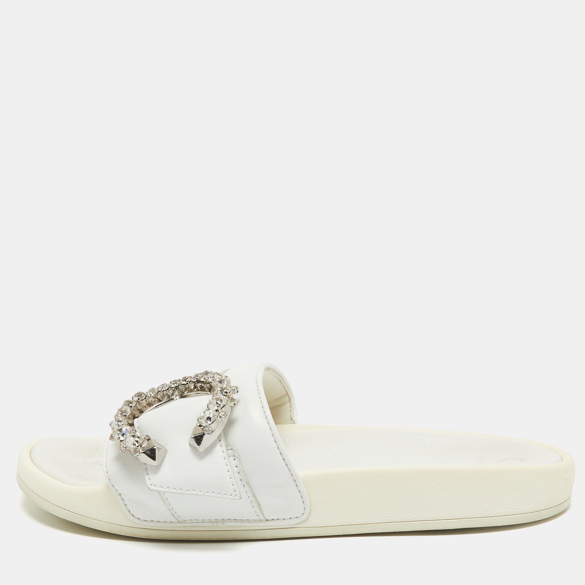 

Jimmy Choo White Leather Crystal Embellished Flat Slides Size