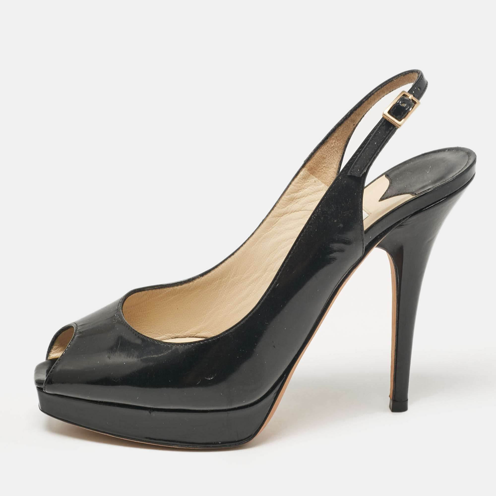 

Jimmy Choo Black Patent Leather Nova Peep Toe Pumps Size