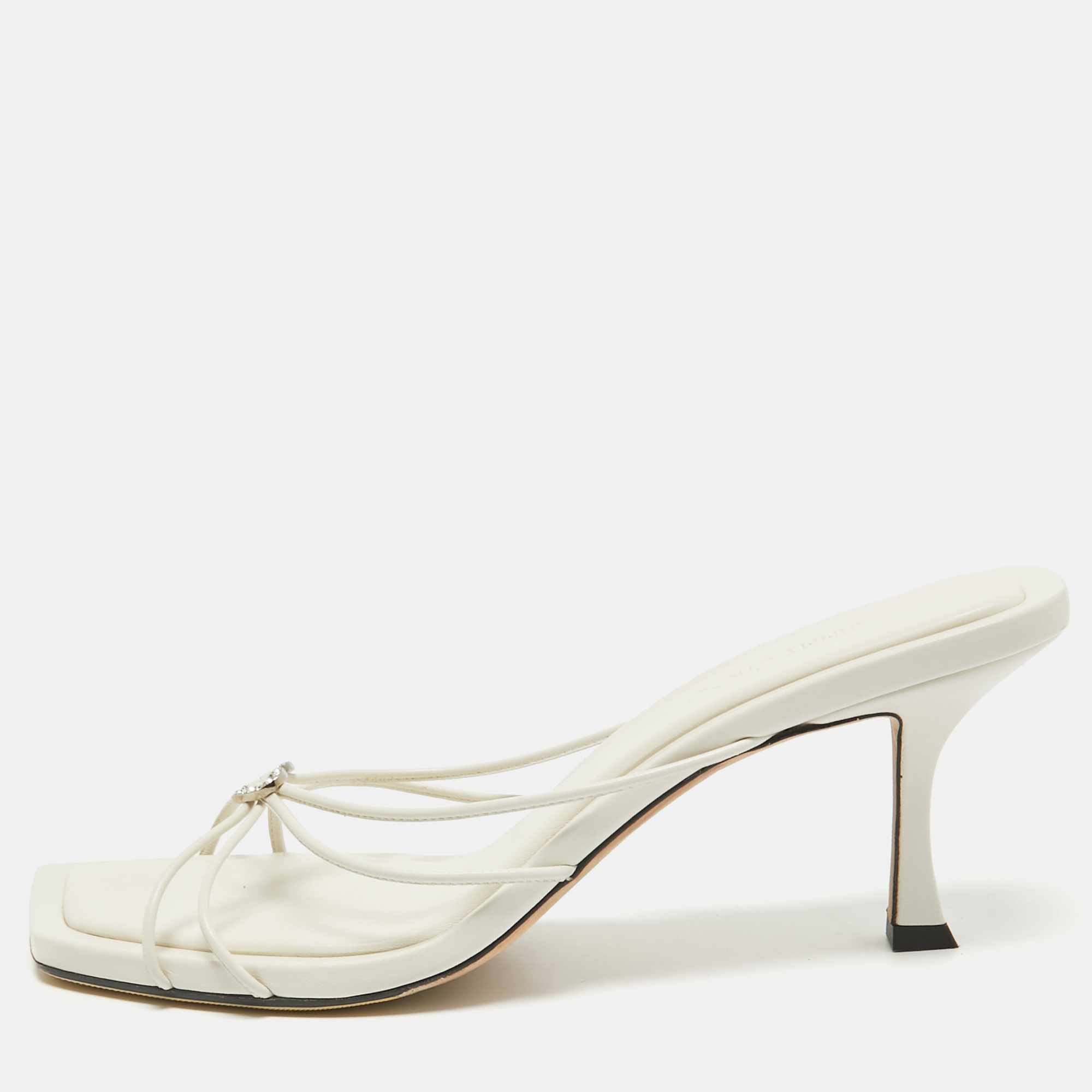 

Jimmy Choo Cream Leather Crystal Embellished Slide Sandals Size