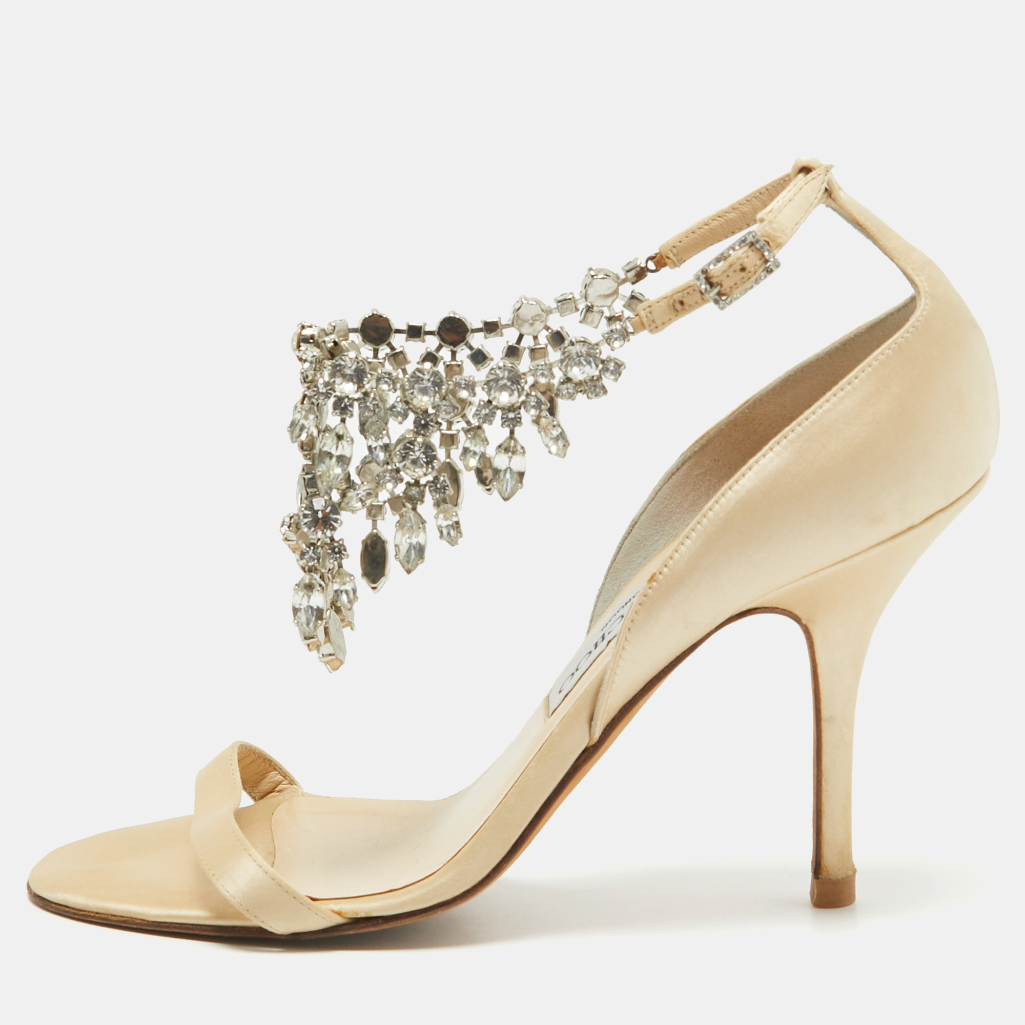 

Jimmy Choo Gold Satin Crystal Embellished Ankle Strap Sandals Size