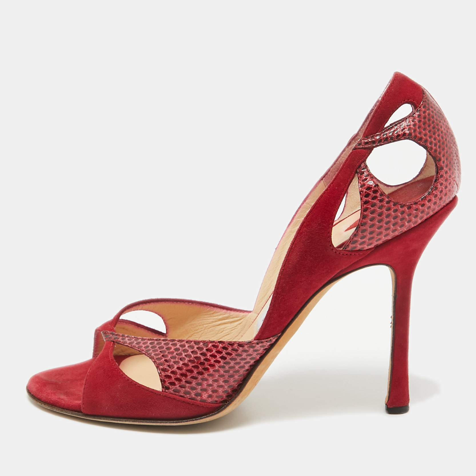 

Jimmy Choo Red Suede and Watersnake Cut Out Open Toe Pumps Size